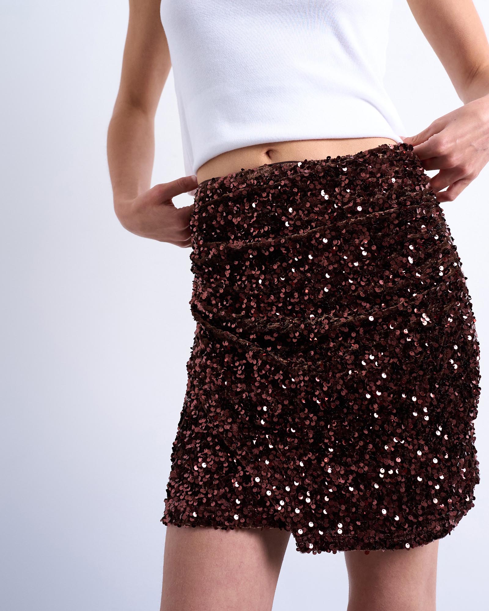 Velvet Sequin Drape Mini Skirt