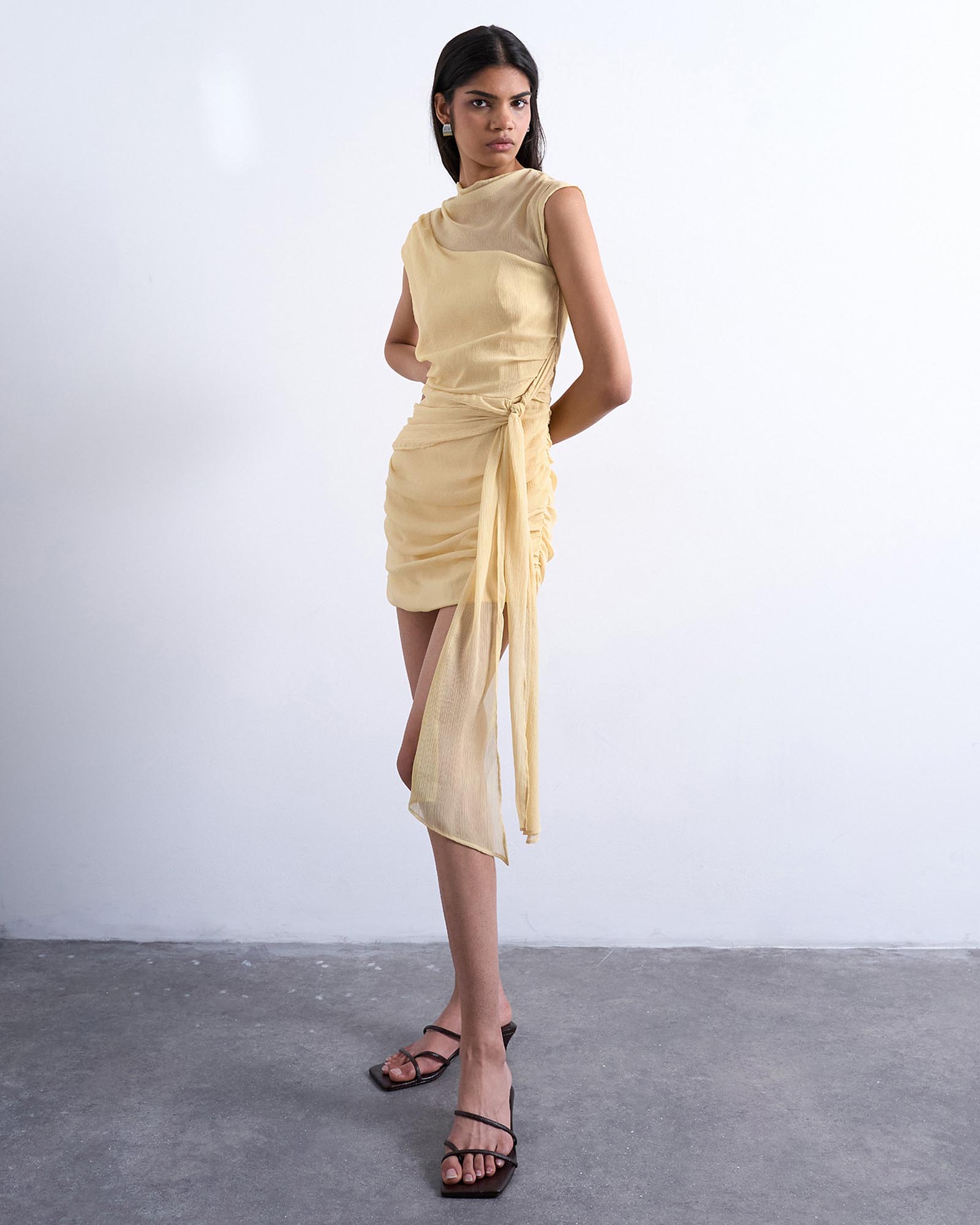 Grown On Shoulder Chiffon Mini Dress With Sash