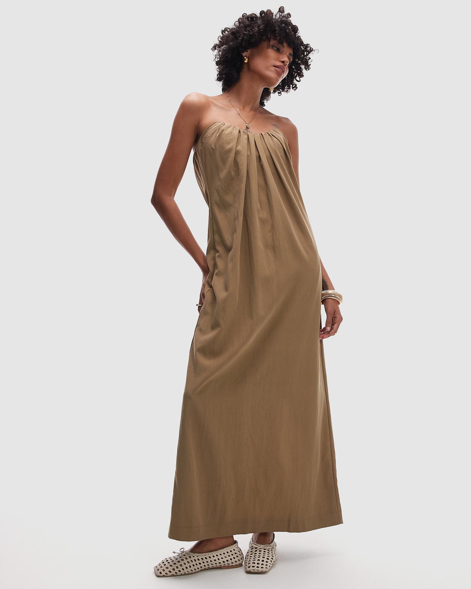 Gathered Bust Structured Poplin Bandeau Midi Dress