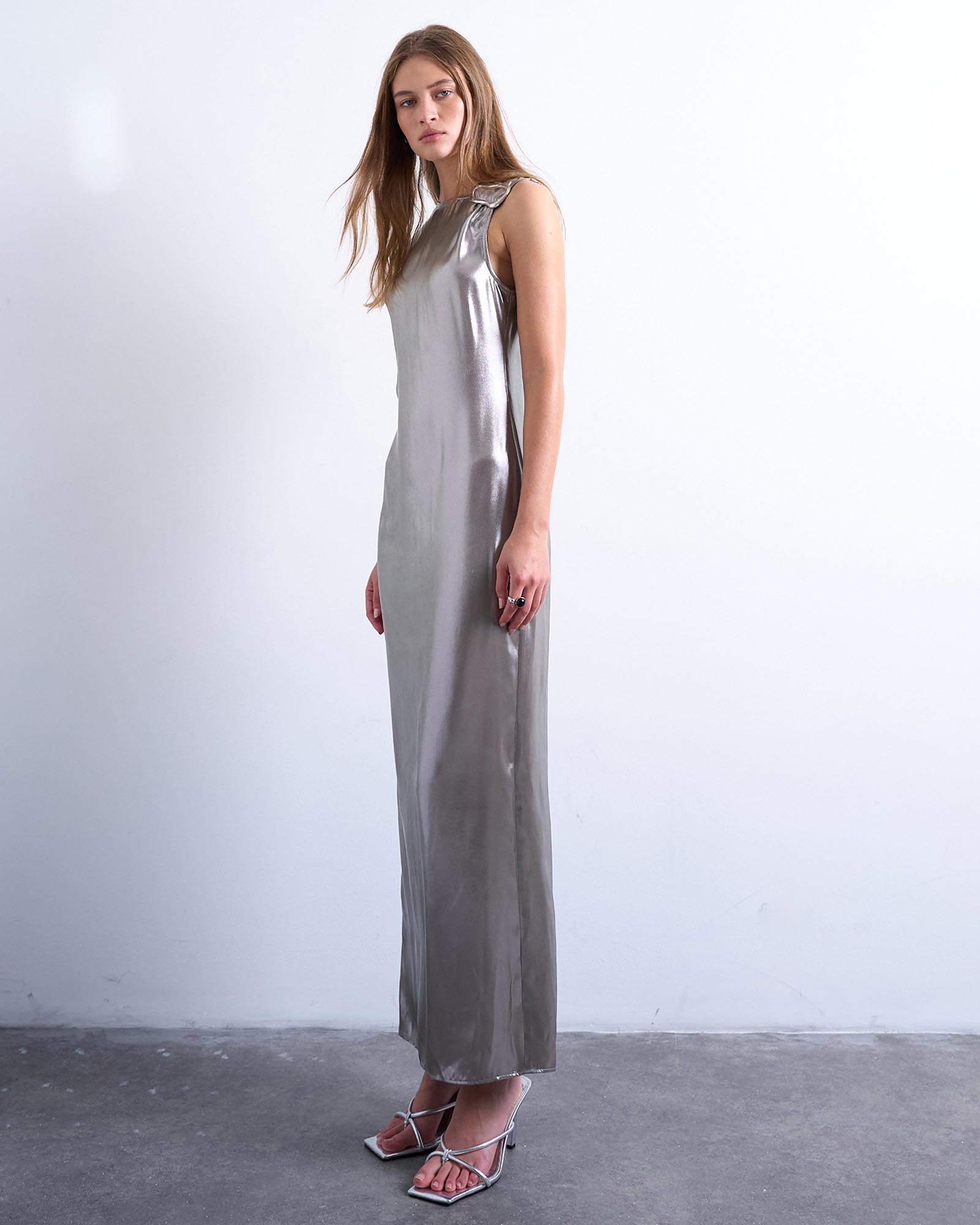 Metallic Midiaxi Dress With Silver Hardware