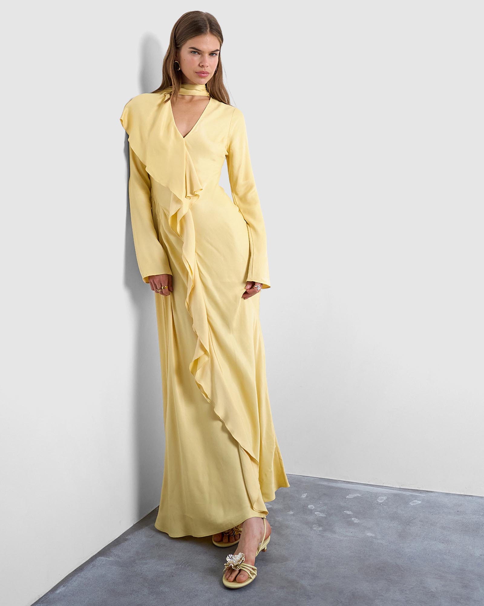 LS Ruffle Maxi Dress With Scarf Wrap Detail
