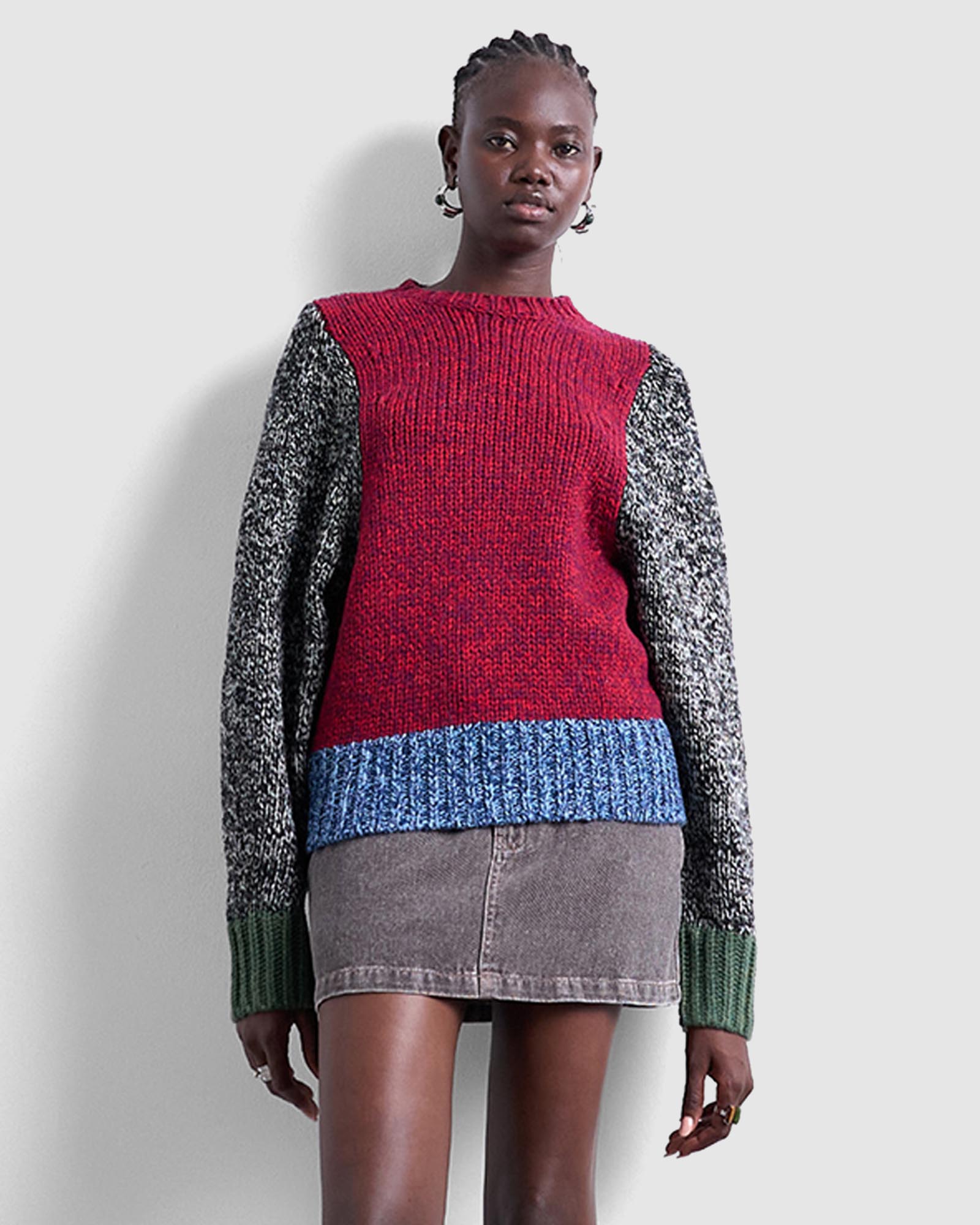 Knitted Twist Yarn Patchwork Volume Sleeve Jumper