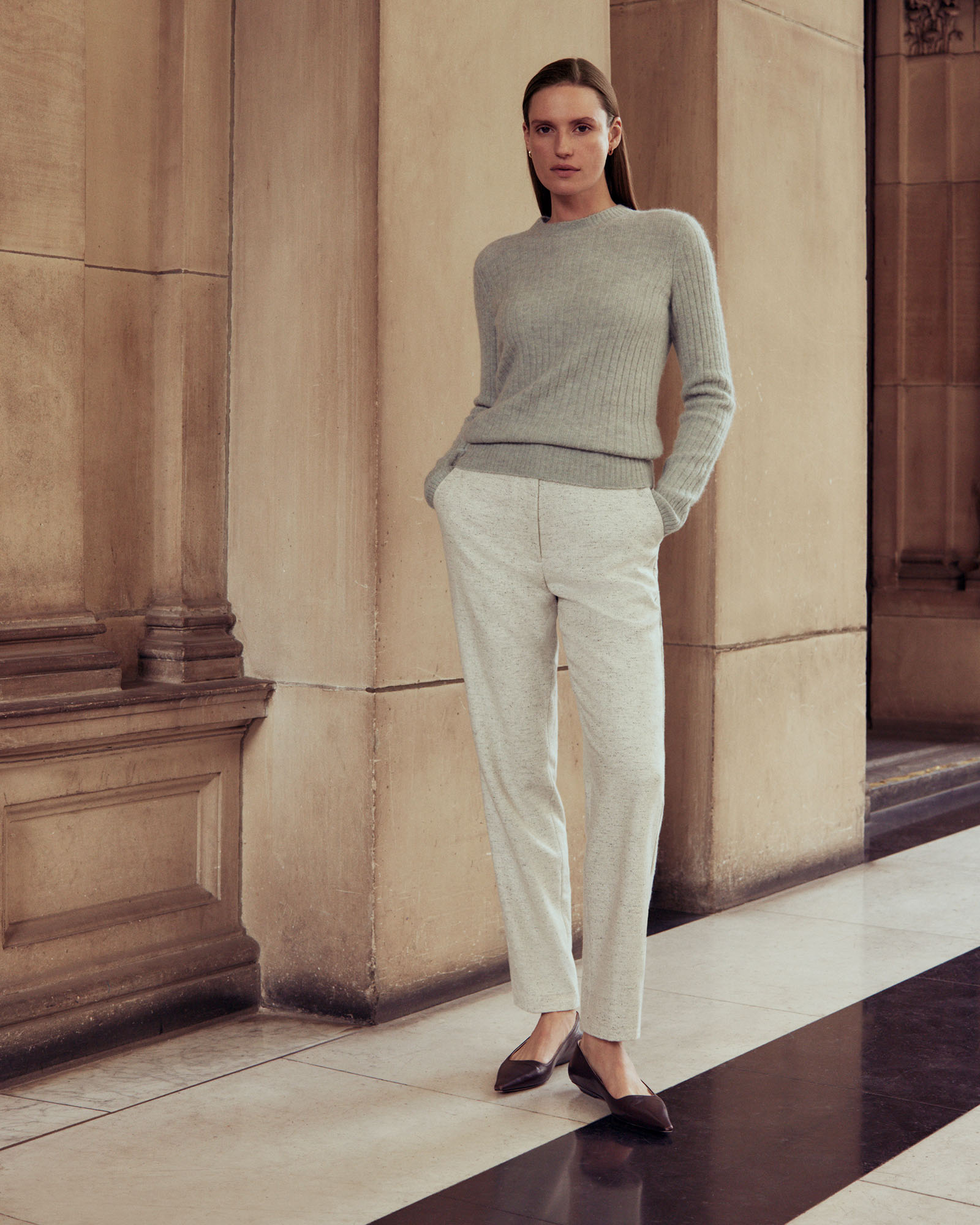 Italian Wool Blend Herringbone Pant in White