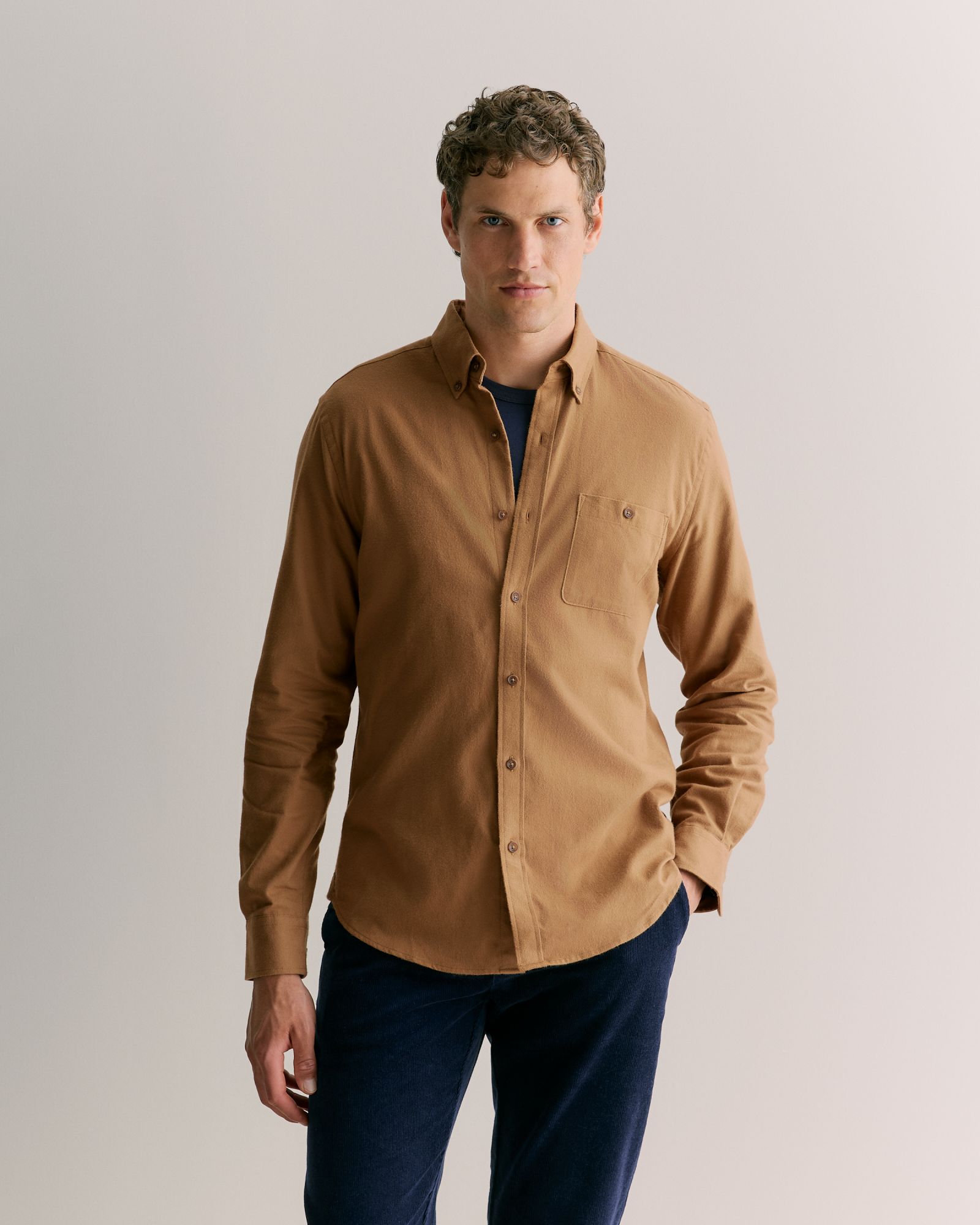 Regular Fit Cotton Herringbone Shirt in Camel
