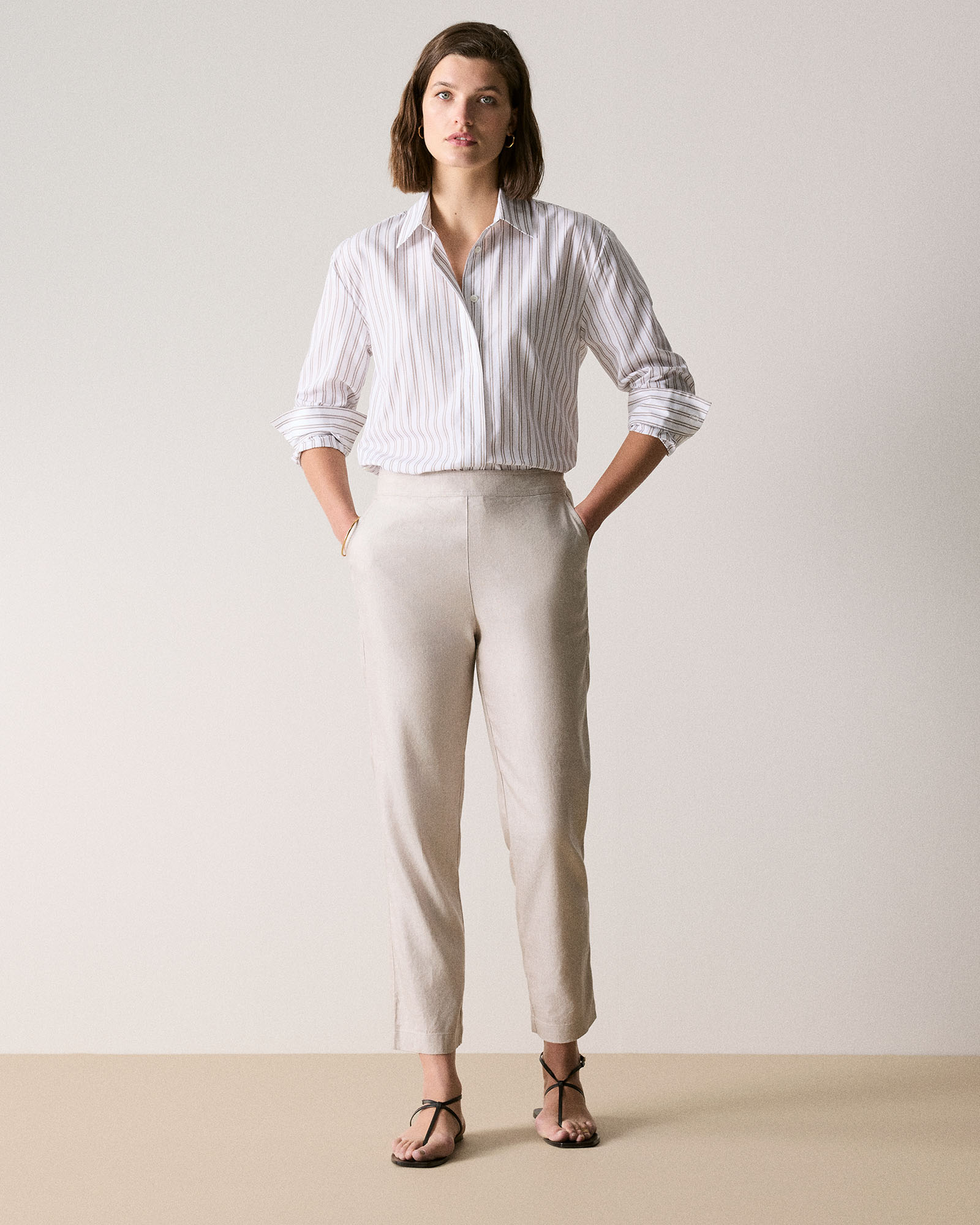 Yarn Dyed Stretch Linen Blend Pull On Pant in Flax