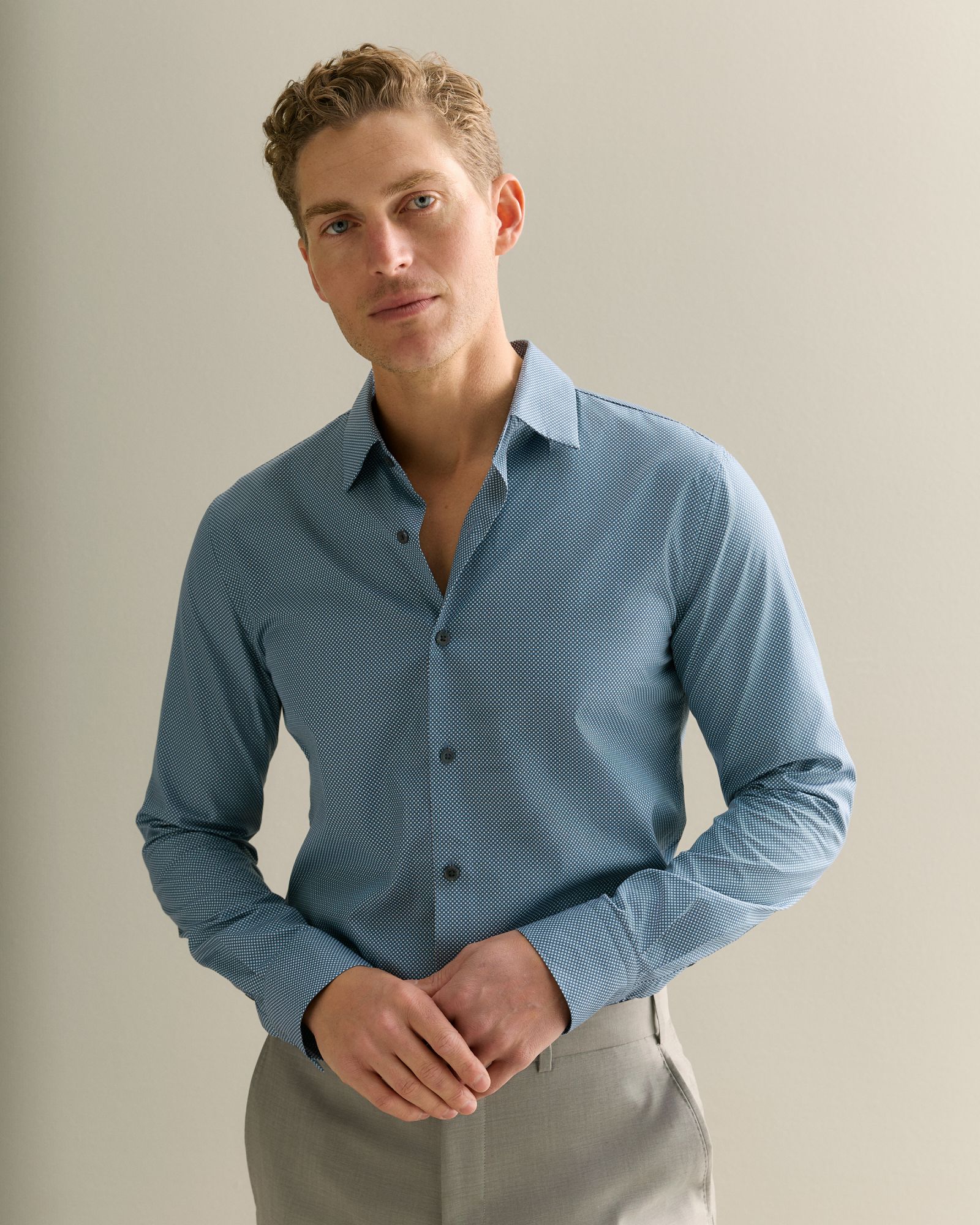 Tailored Fit Cotton Poplin Micro Spot Shirt in Petrol Blue