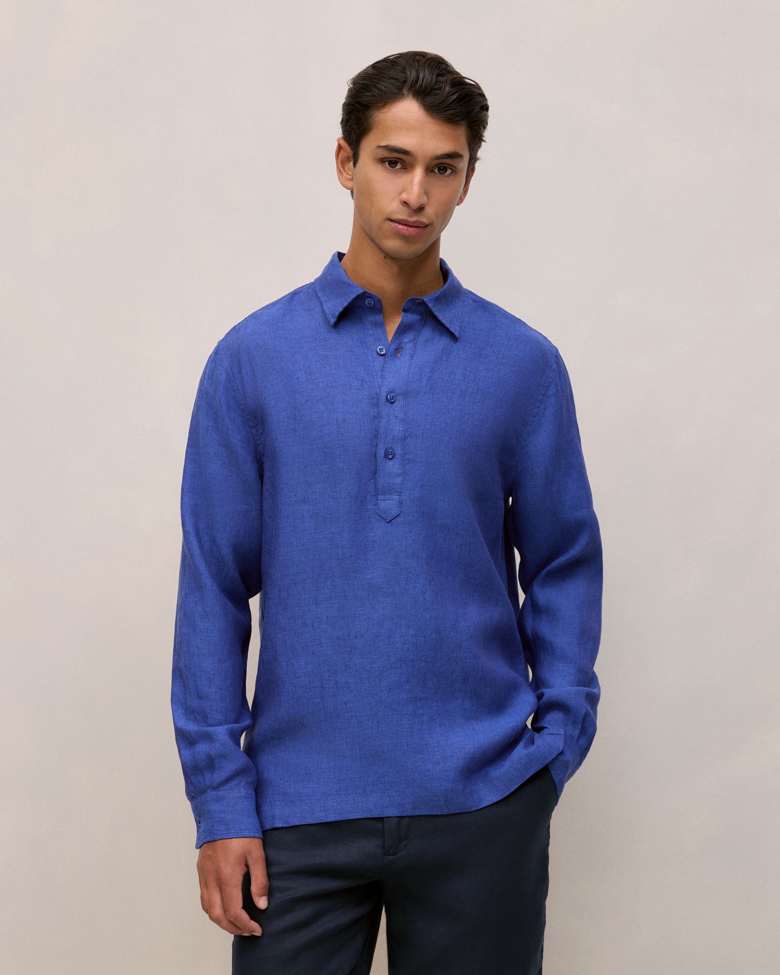 Linen End On End Half Placket Shirt in Vivid Blue