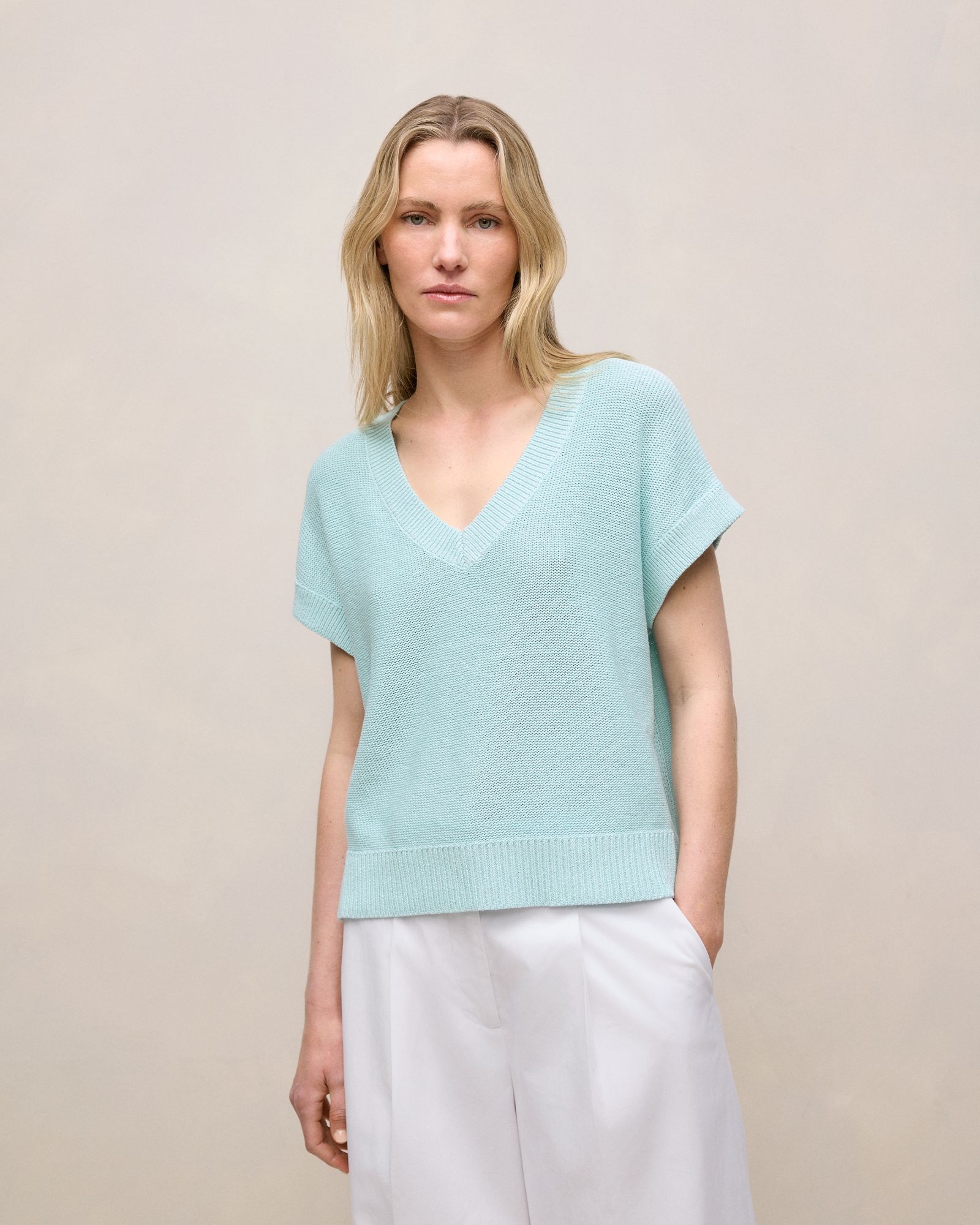 Mercerised Cotton Relaxed V Neck Knit in Pastel Blue