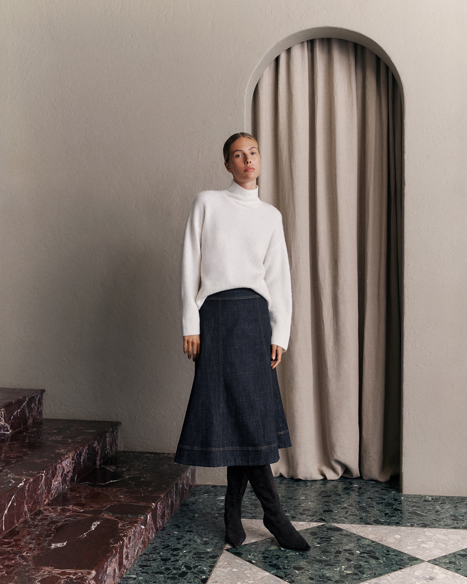 Natural Seed Denim Panelled Skirt in Ecru