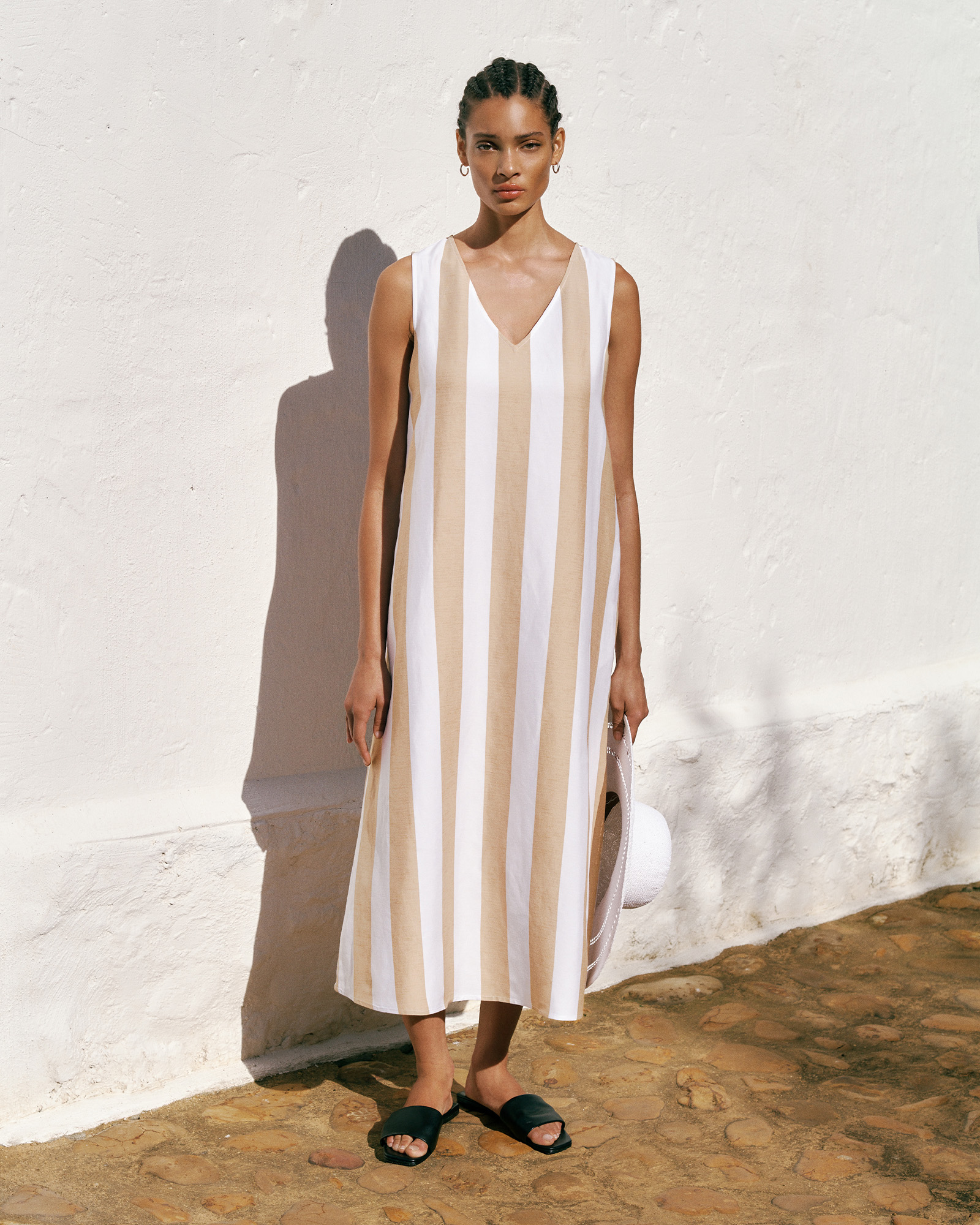 Cabana Stripe V Neck Sleeveless Dress in Sand