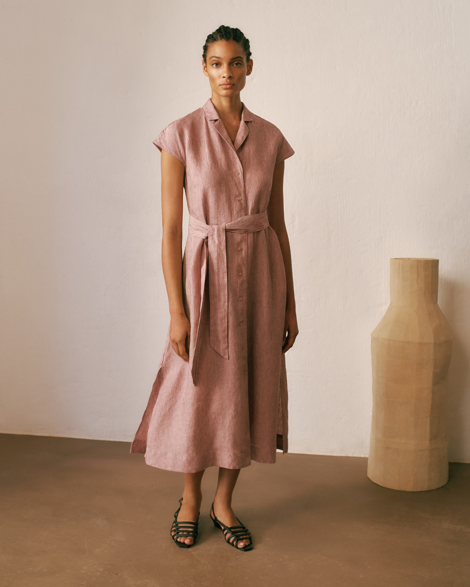 Linen End On End Stripe Shirt Dress in Light Pink