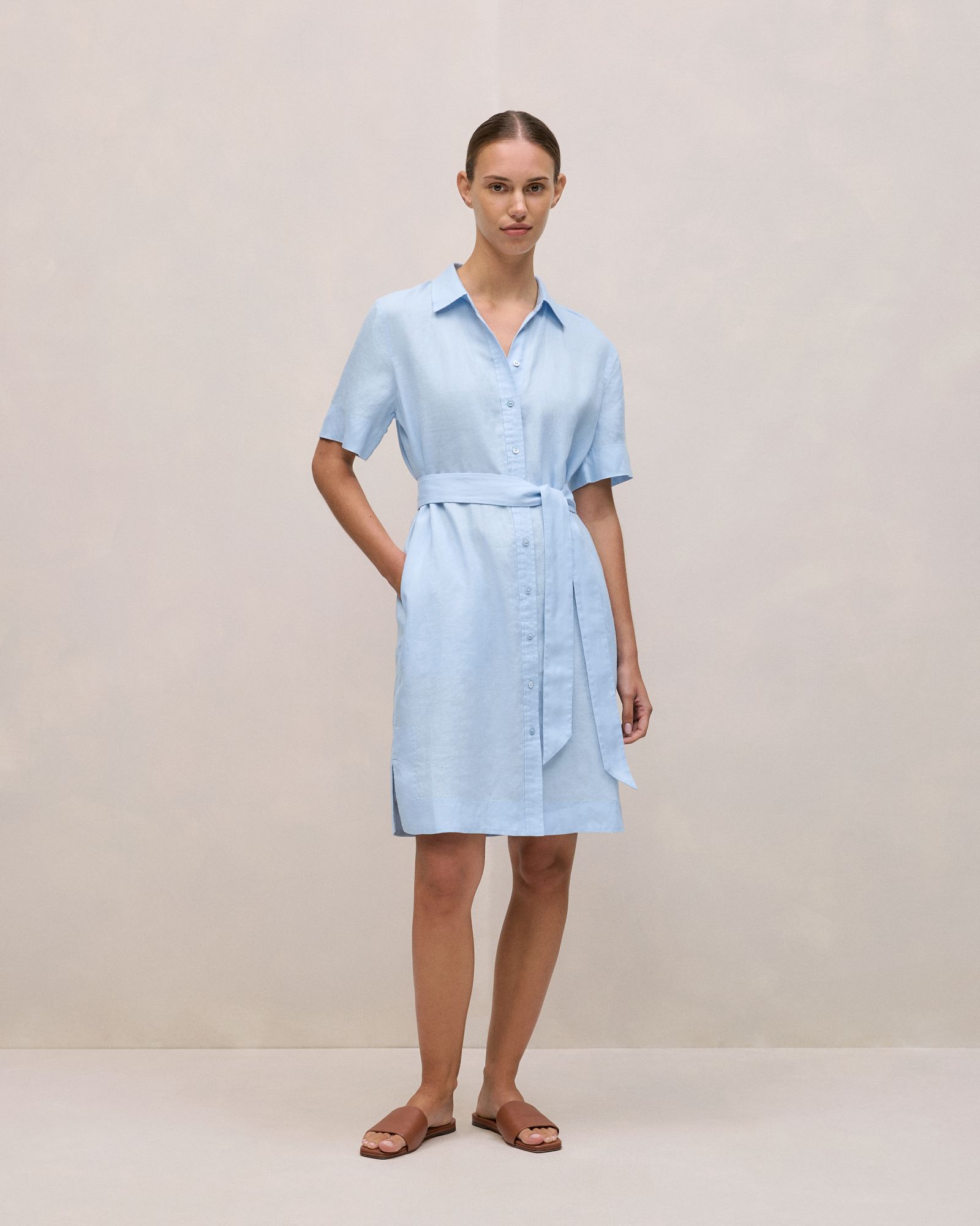 Linen Belted Shift Dress in Blue Marble