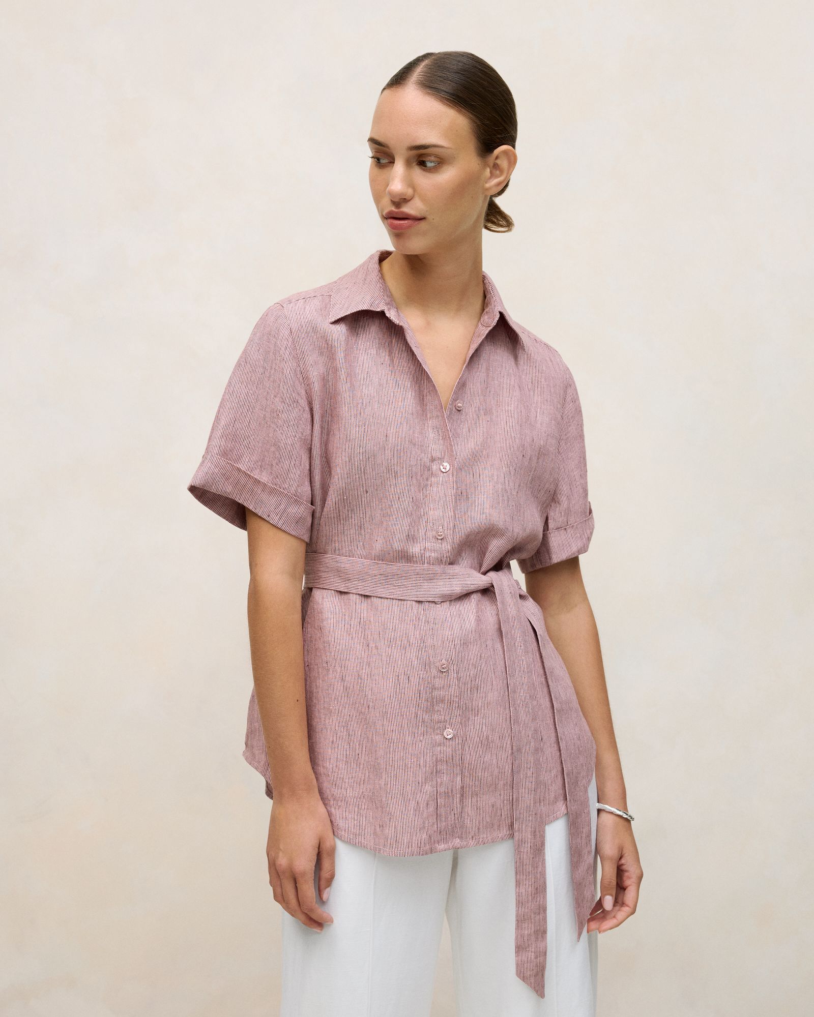 Linen End On End Stripe Belted Shirt in Light Pink