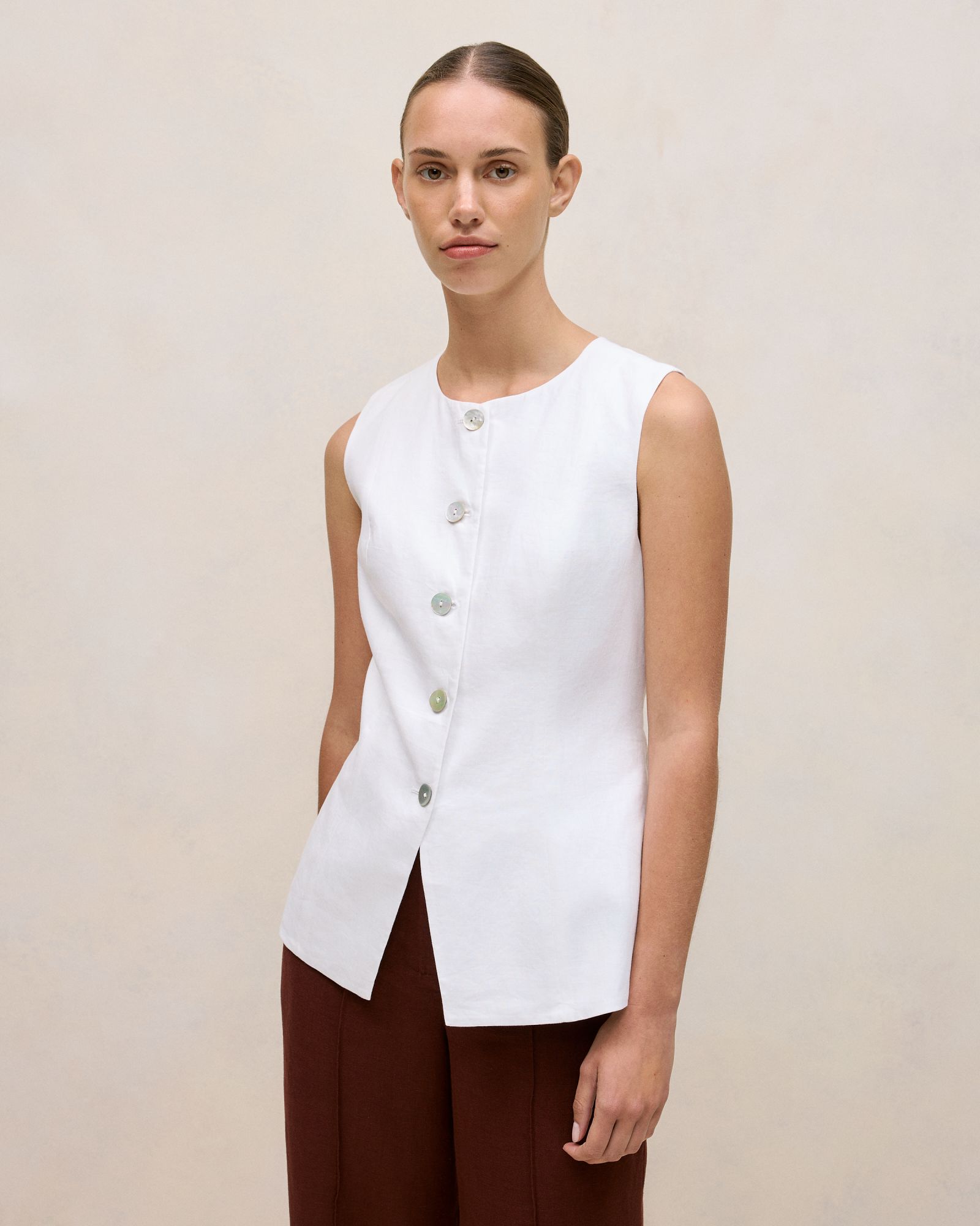 Linen Collarless Button Through Vest in White