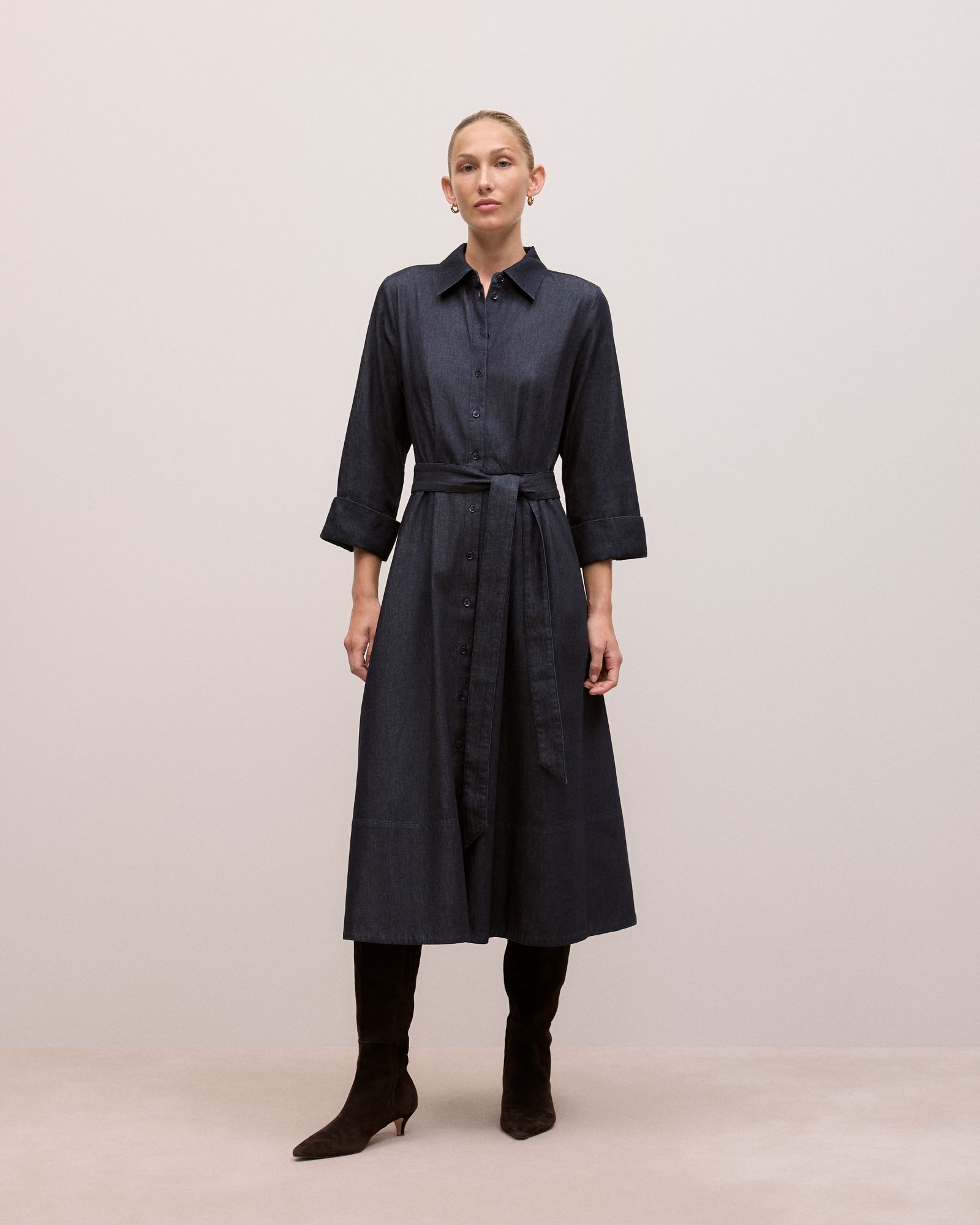 Denim Pleat Detail Shirt Dress in Dark Indigo