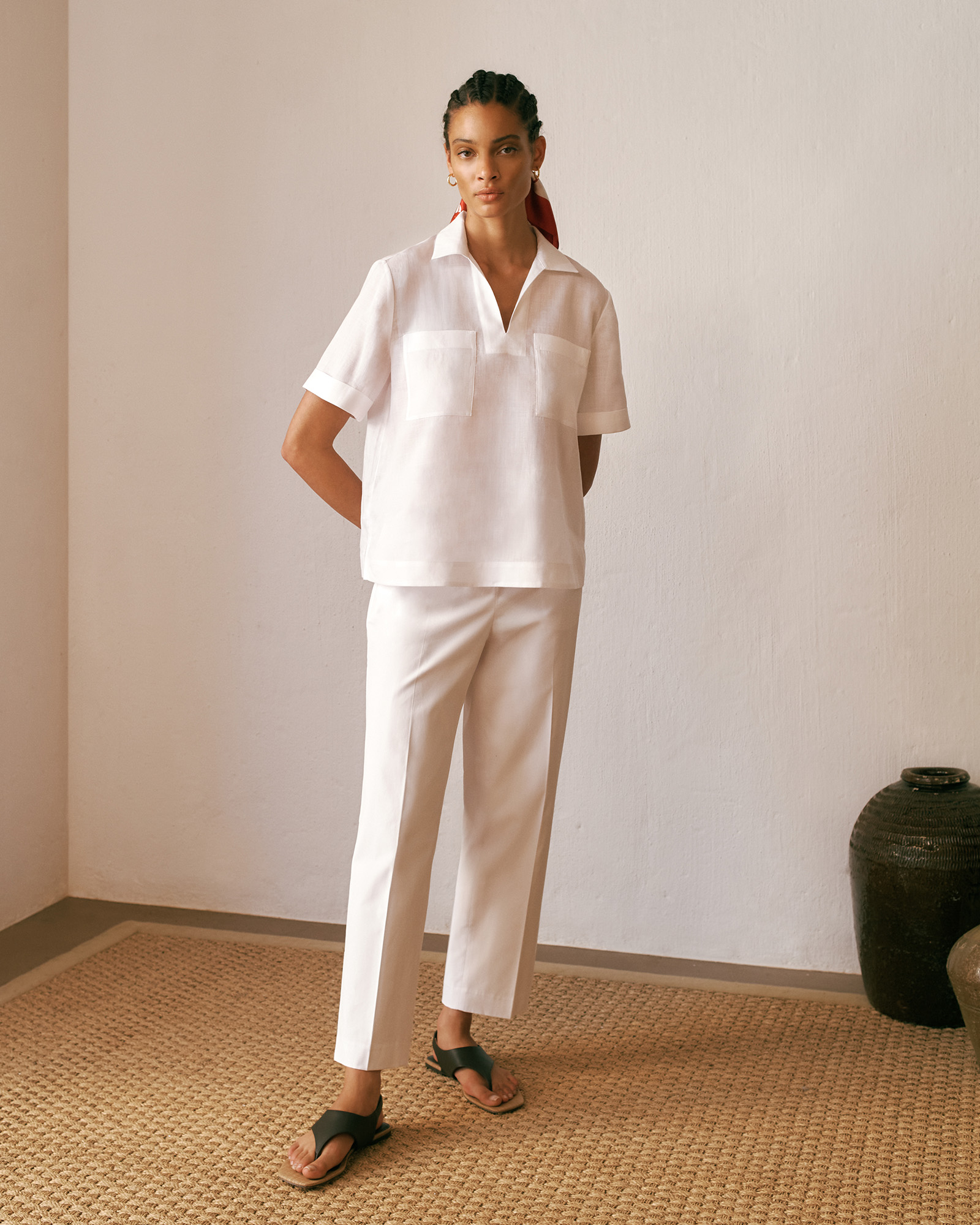 Cotton Blend Straight Leg Pant in White