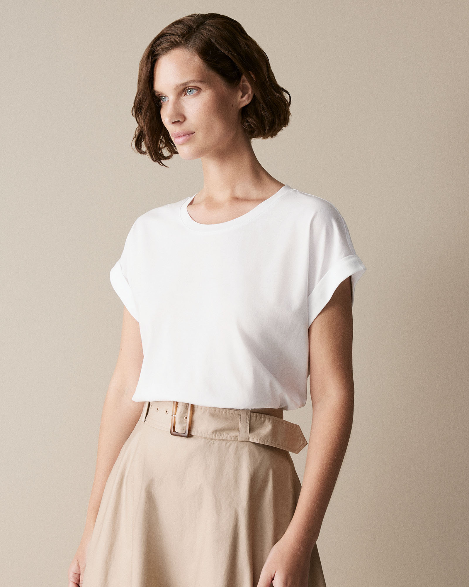 Pima Cotton Cuff Sleeve T-shirt in White