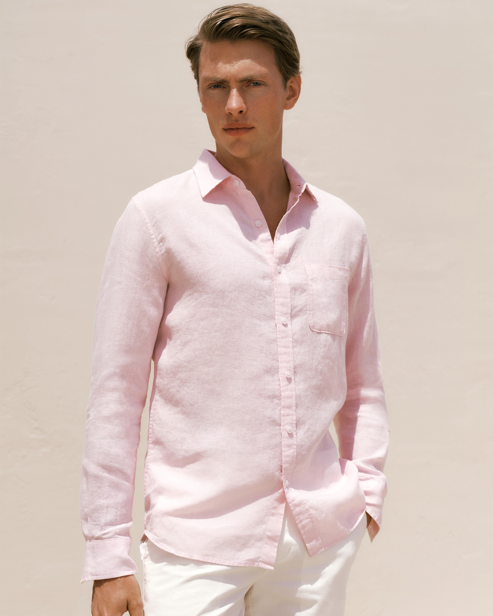 Regular Fit Linen Fine Stripe Shirt in Soft Lilac