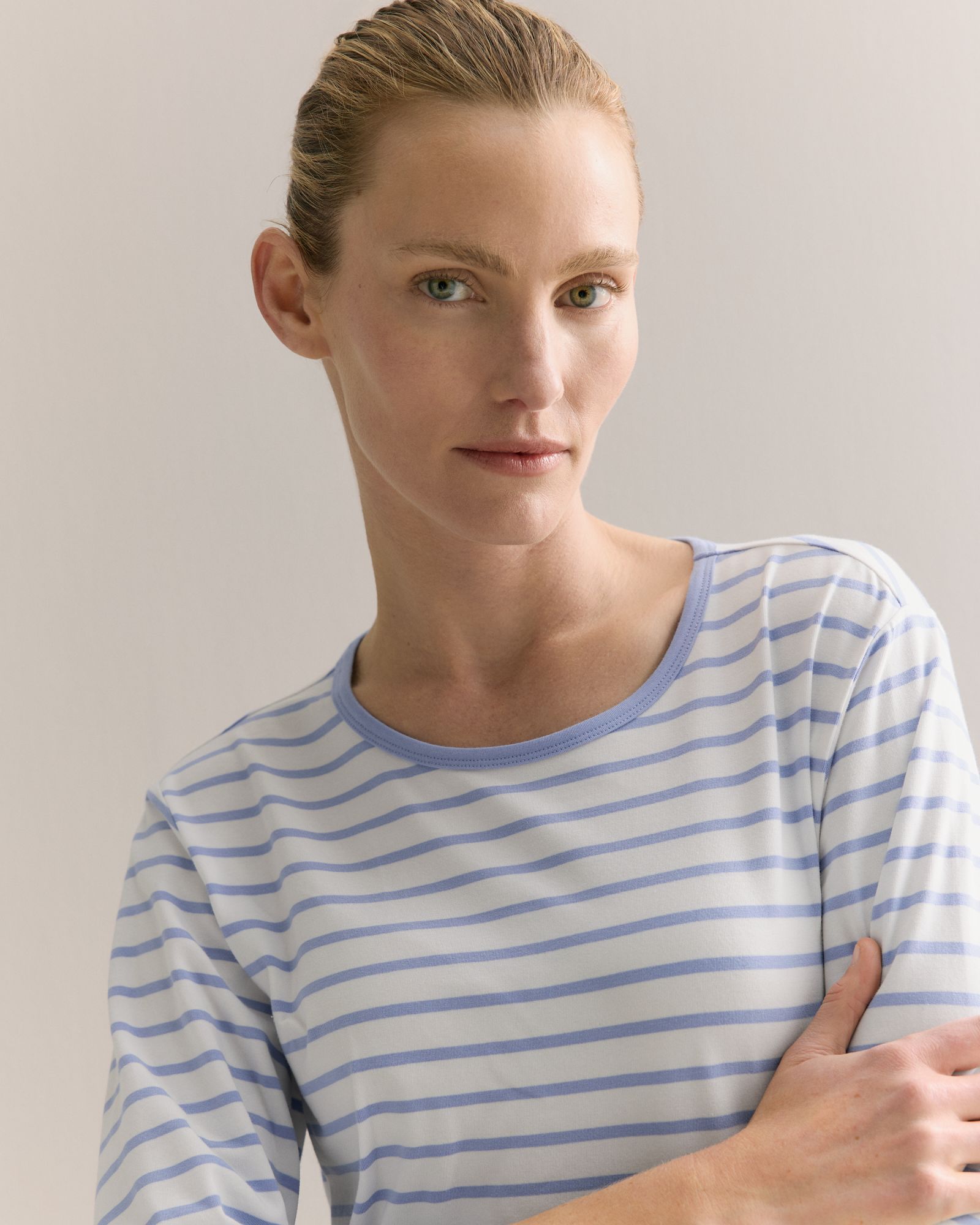Cotton Stripe 3/4 Sleeve T-shirt in Cornflower Blue