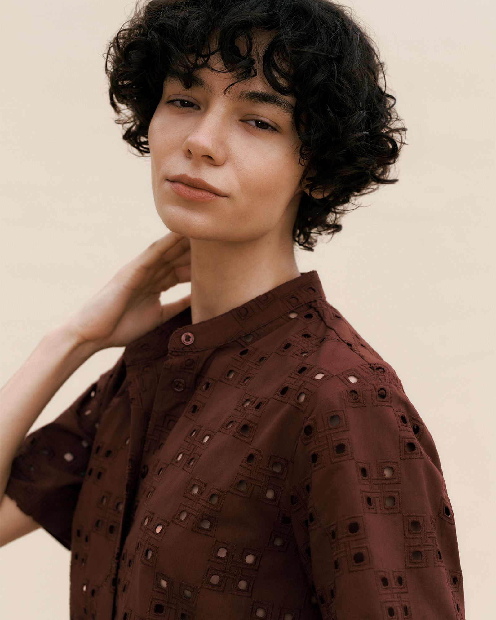 Cotton Geo Cutwork Short Sleeve Shirt in Espresso