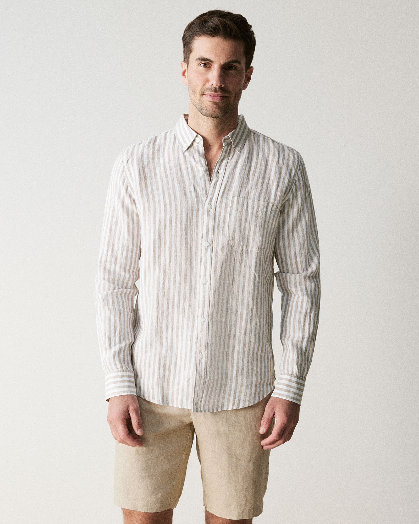 Regular Fit Delave Linen Bold Stripe Shirt in Sahara