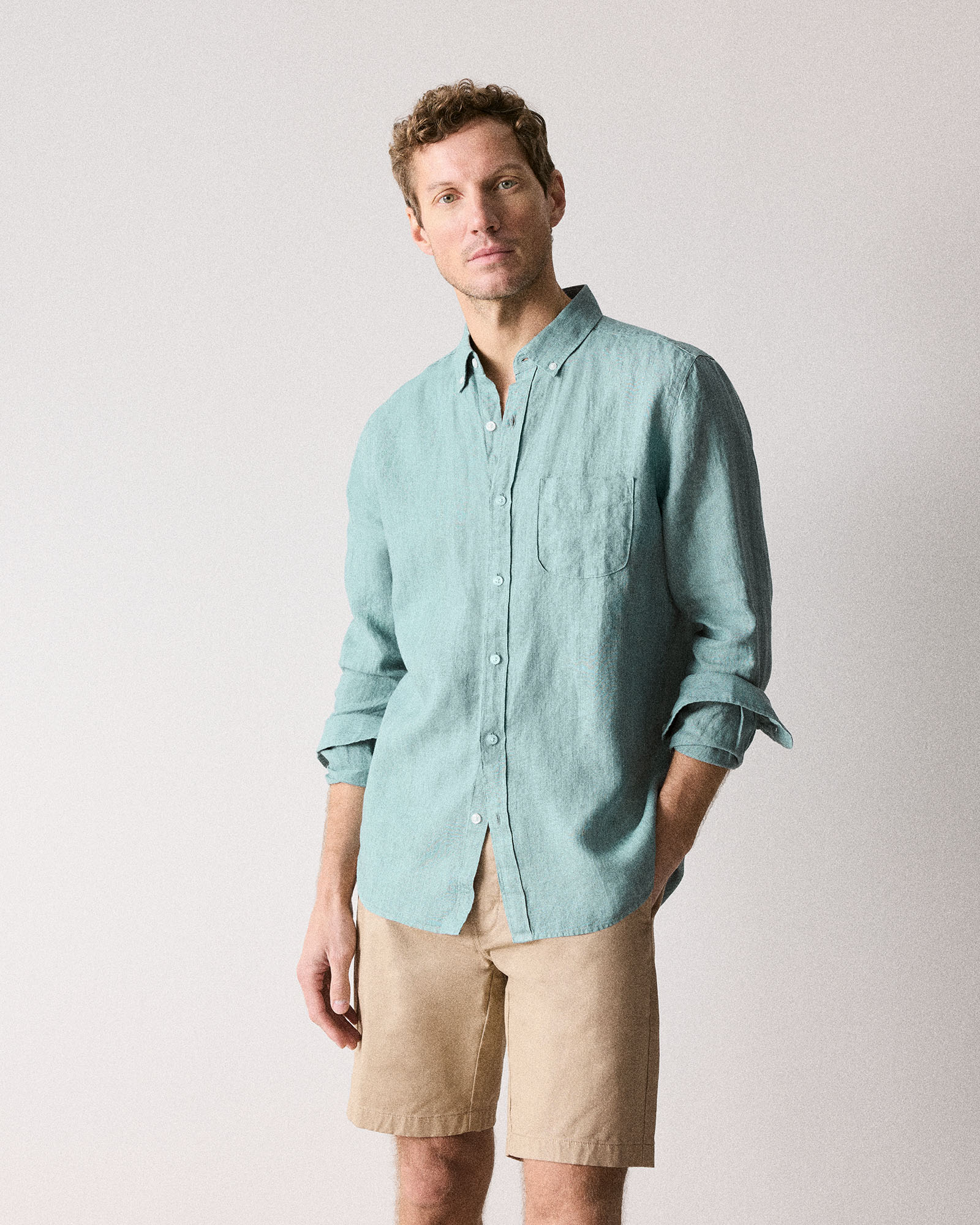 Regular Fit Delave Linen Long Sleeve Shirt in Jade