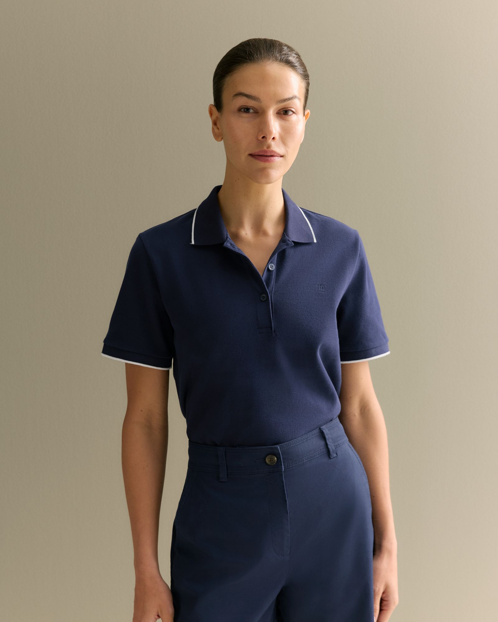 Cotton Pique Tipped Monogram Polo in Navy