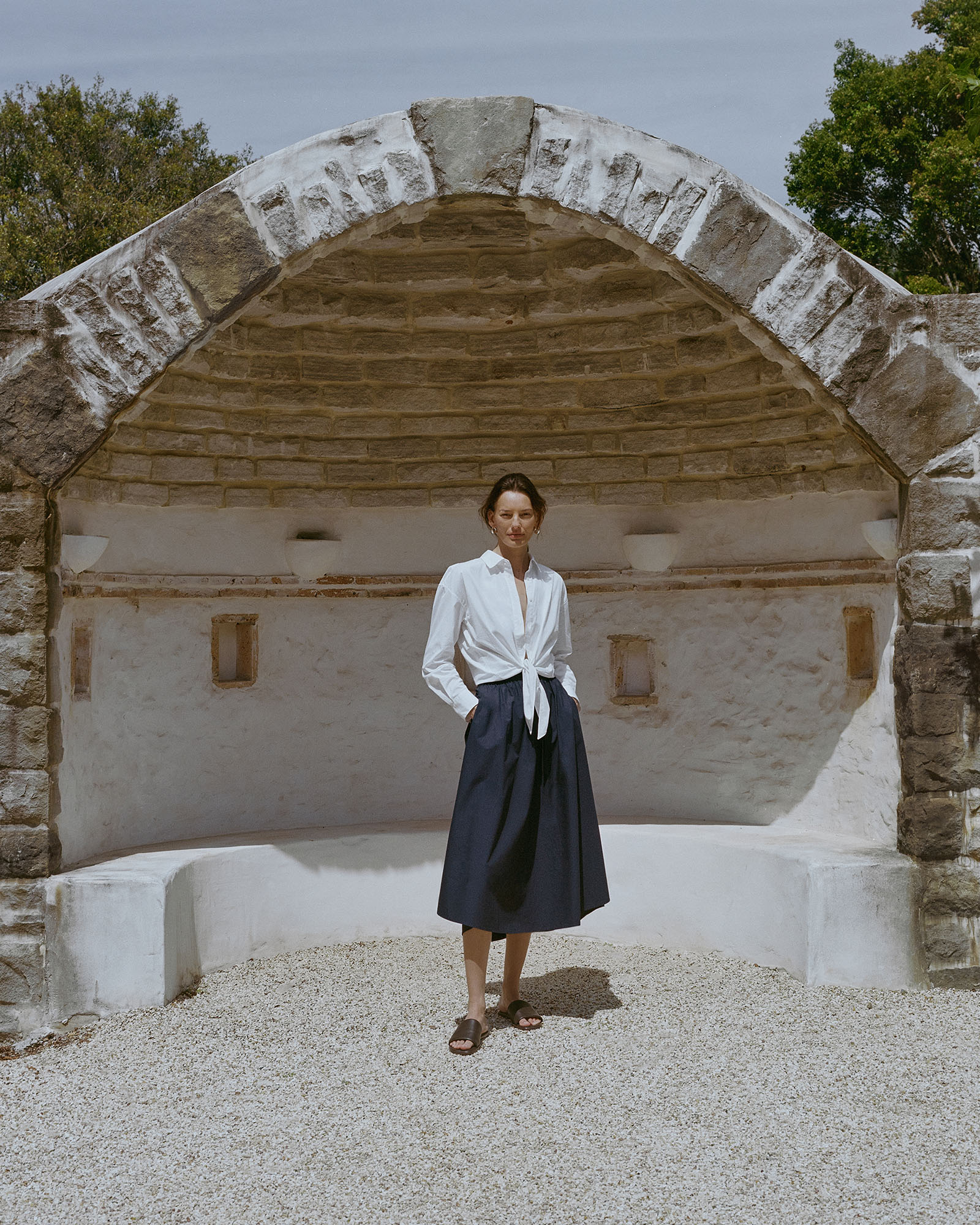 Cotton Poplin Pull On Skirt in Navy