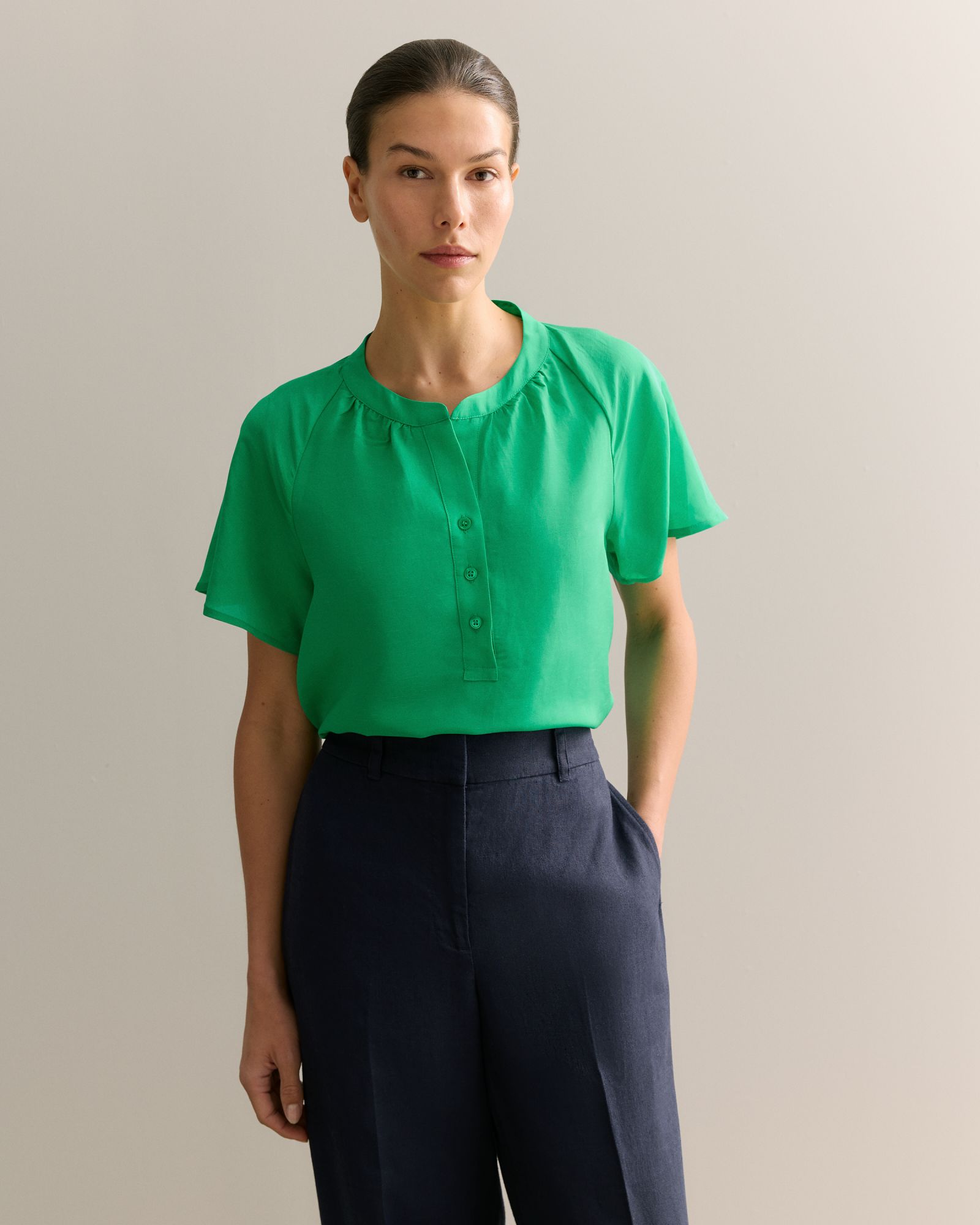 Gather Detail Flutter Sleeve Blouse in Billiard Green