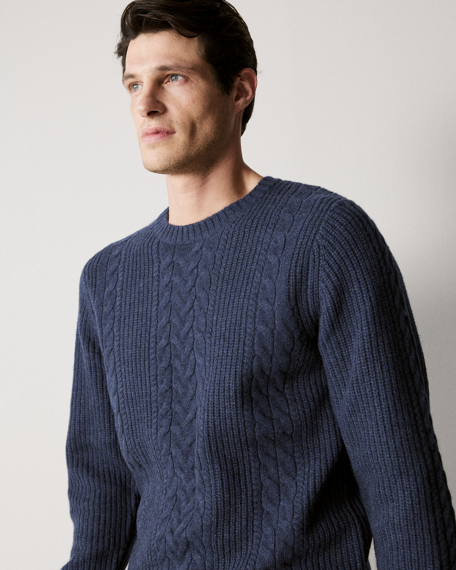 Wool Cable Knit Crew in Denim