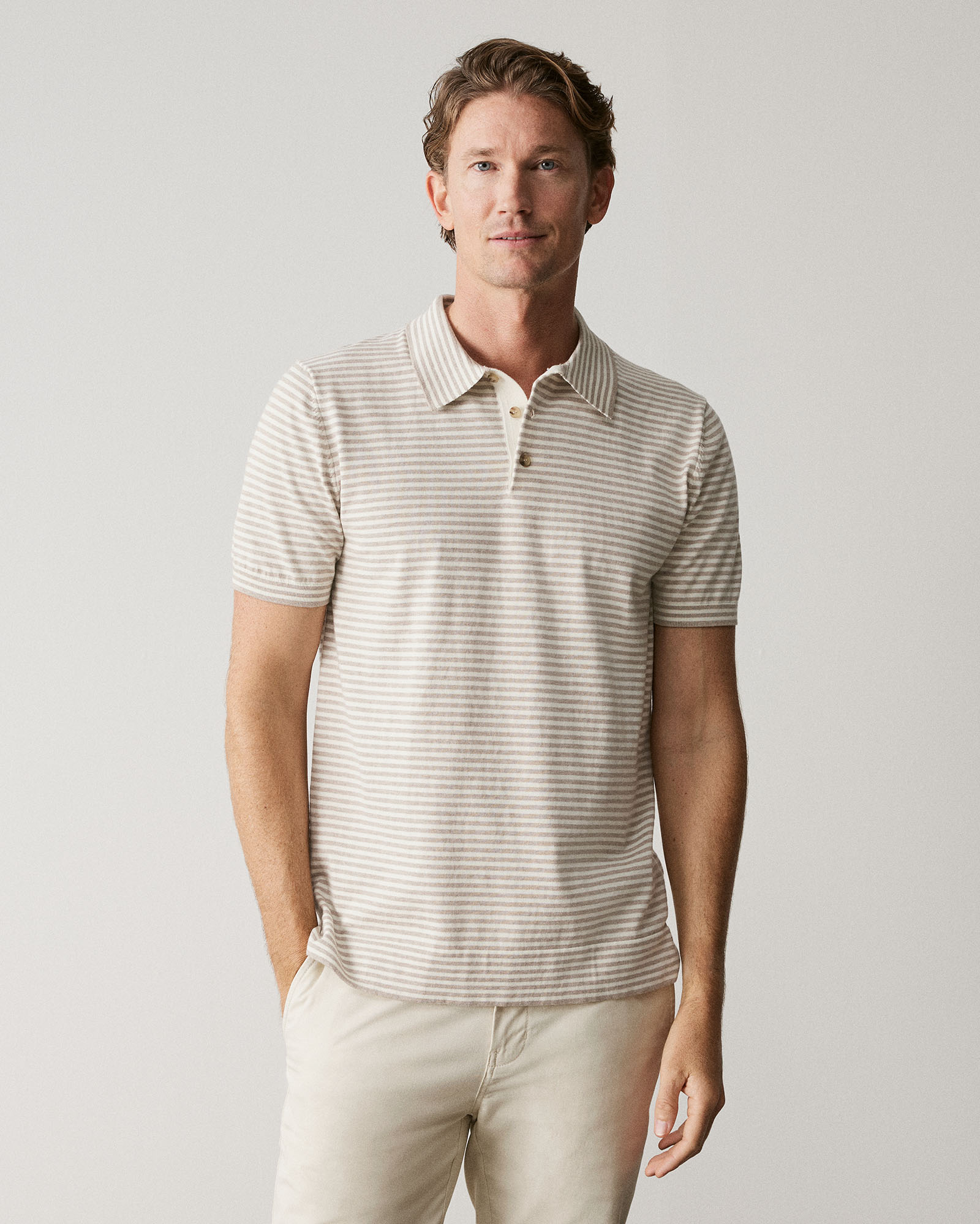 Cotton Barre Stripe Knit Polo in Oatmeal