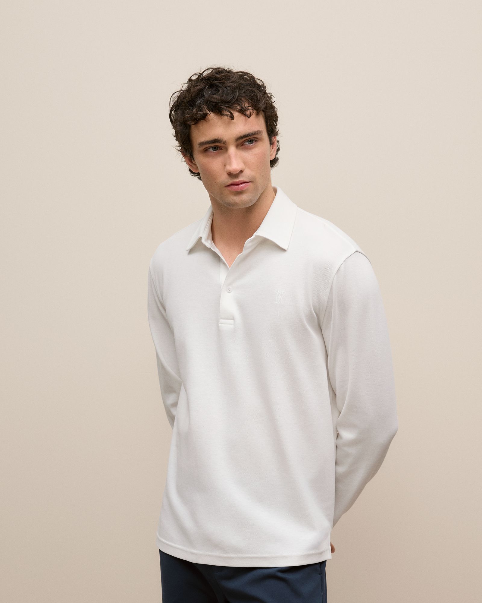 Micro Pique Monogram Long Sleeve Polo in White