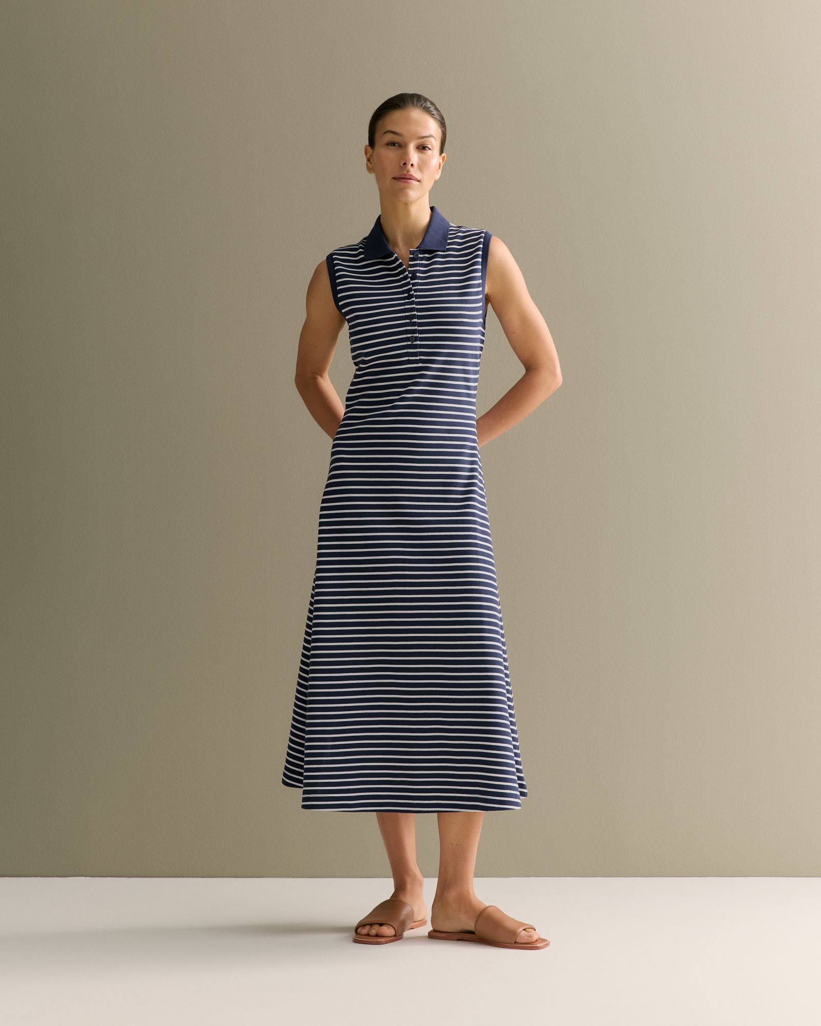 Cotton Pique Stripe Sleeveless Polo Dress in Navy