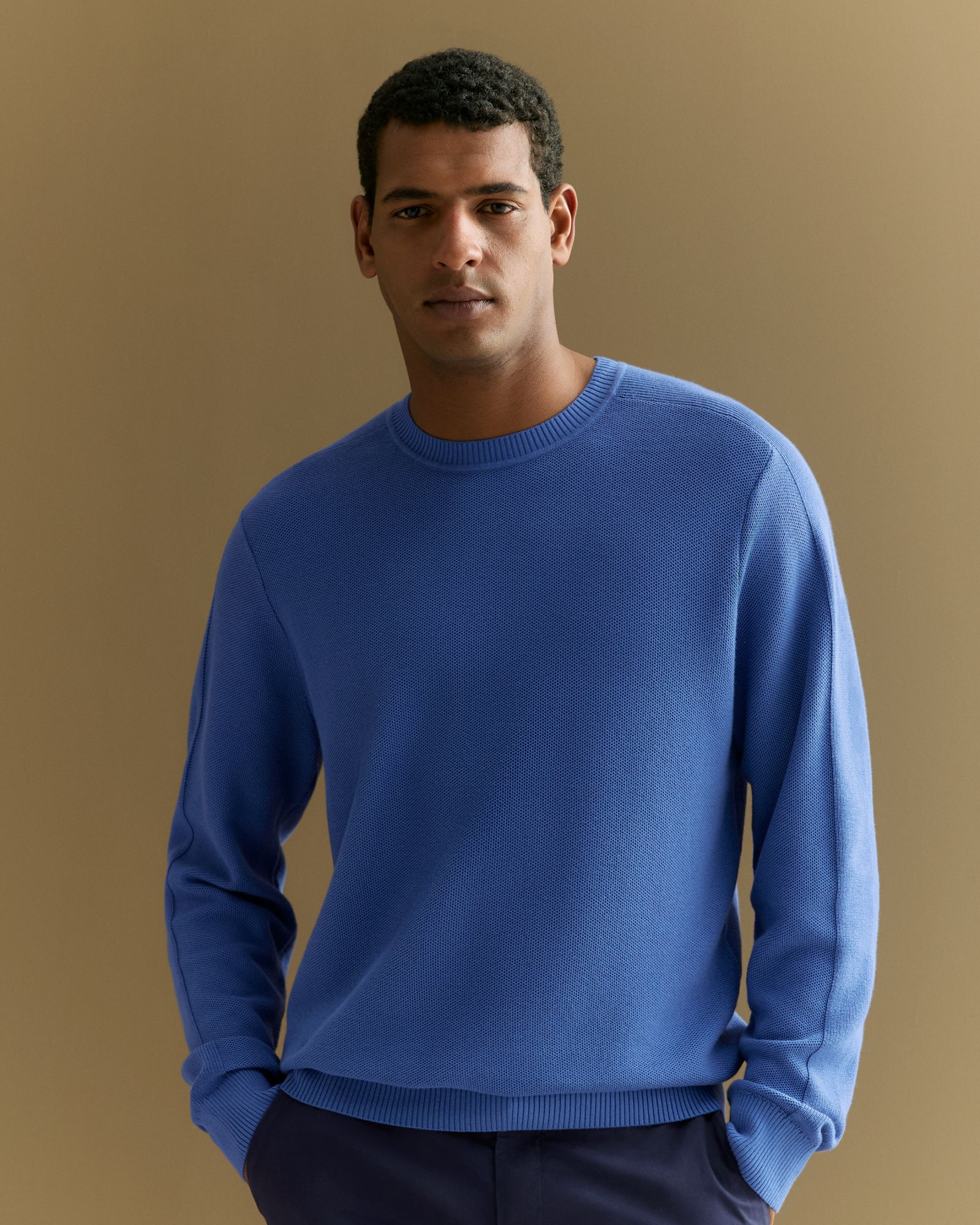 Australian Cotton Textured Knit Crew in Bright Blue