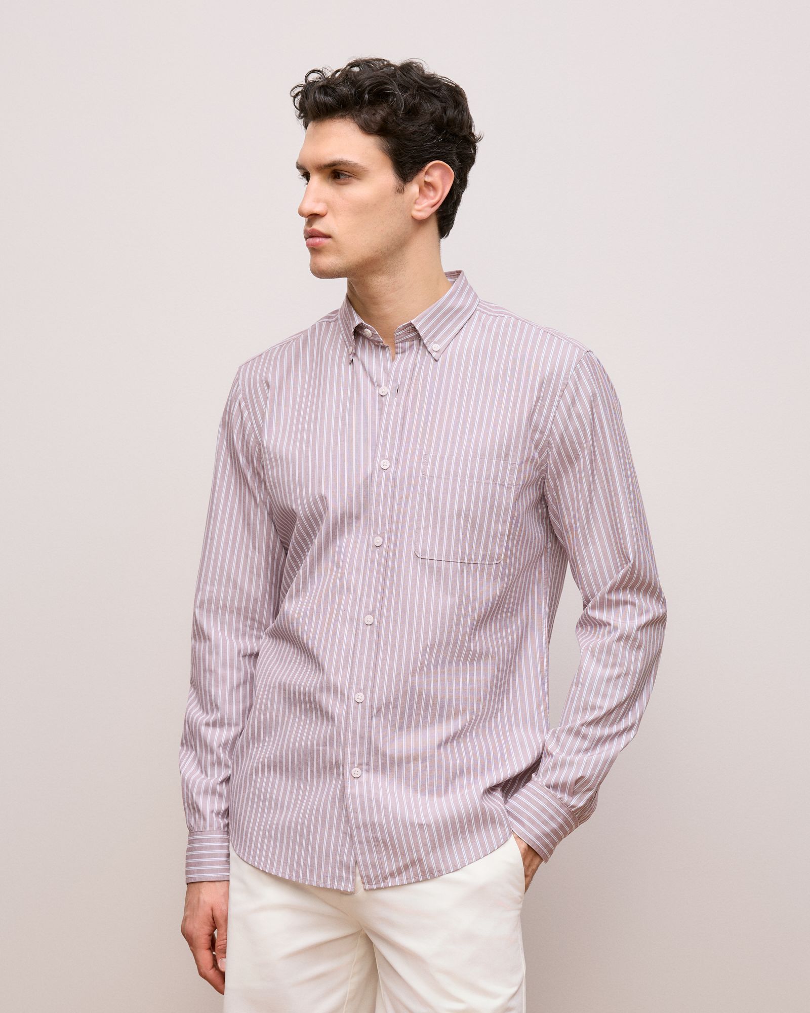 Regular Fit Poplin Stripe Long Sleeve Shirt in Deep Red