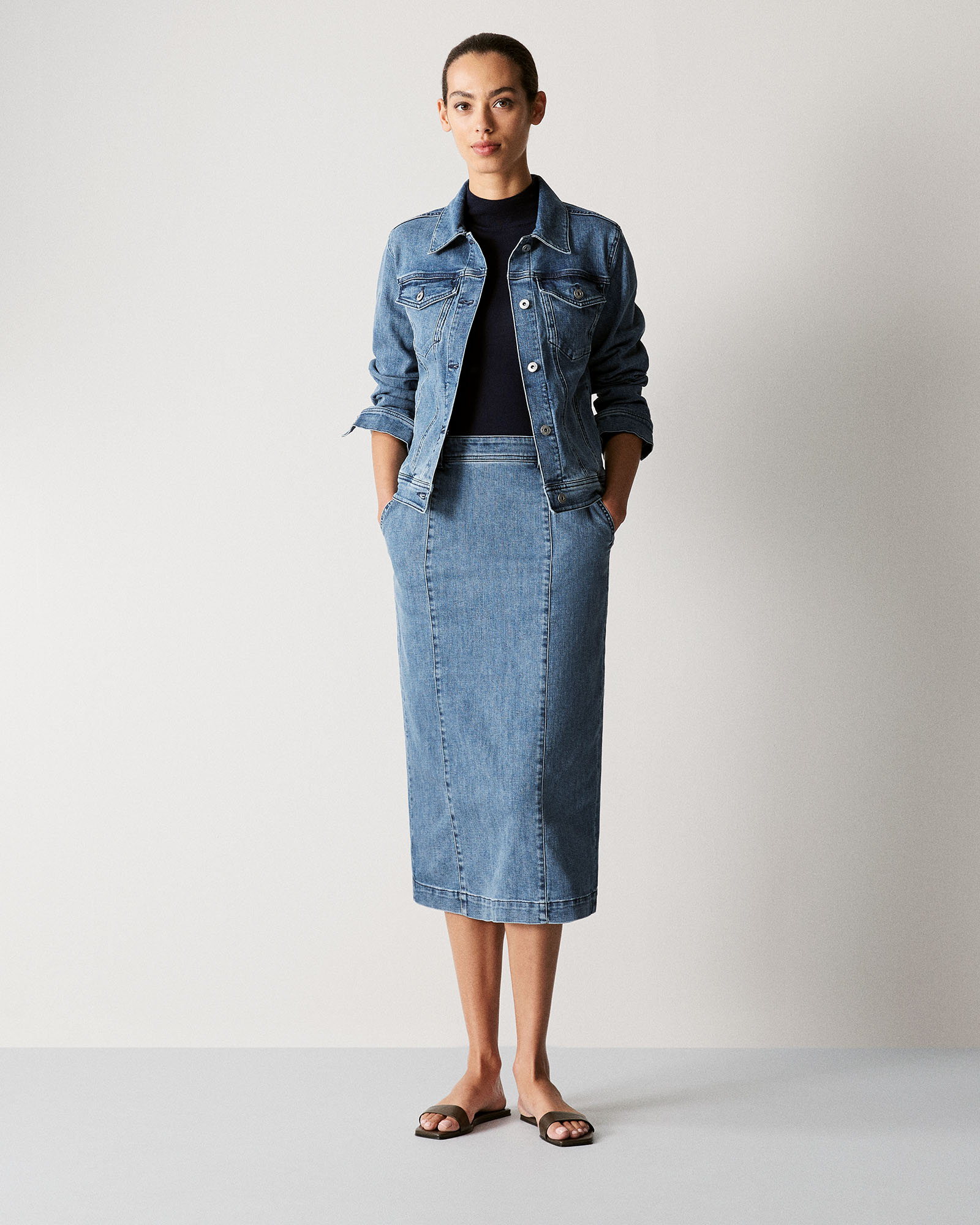 Denim Pintuck Detail Skirt in Washed Indigo