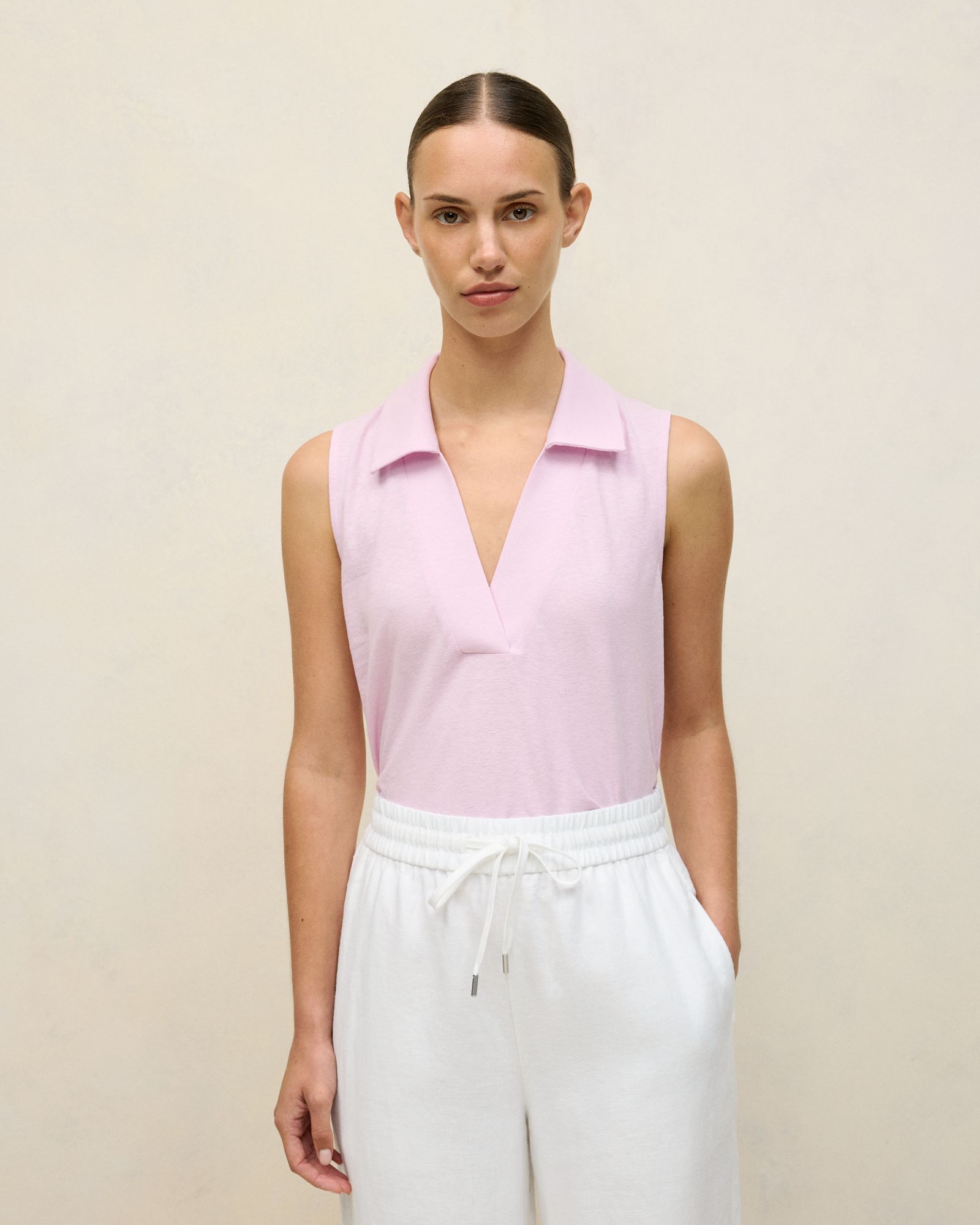 Linen Cotton Knit Collared Tank in Soft Lilac