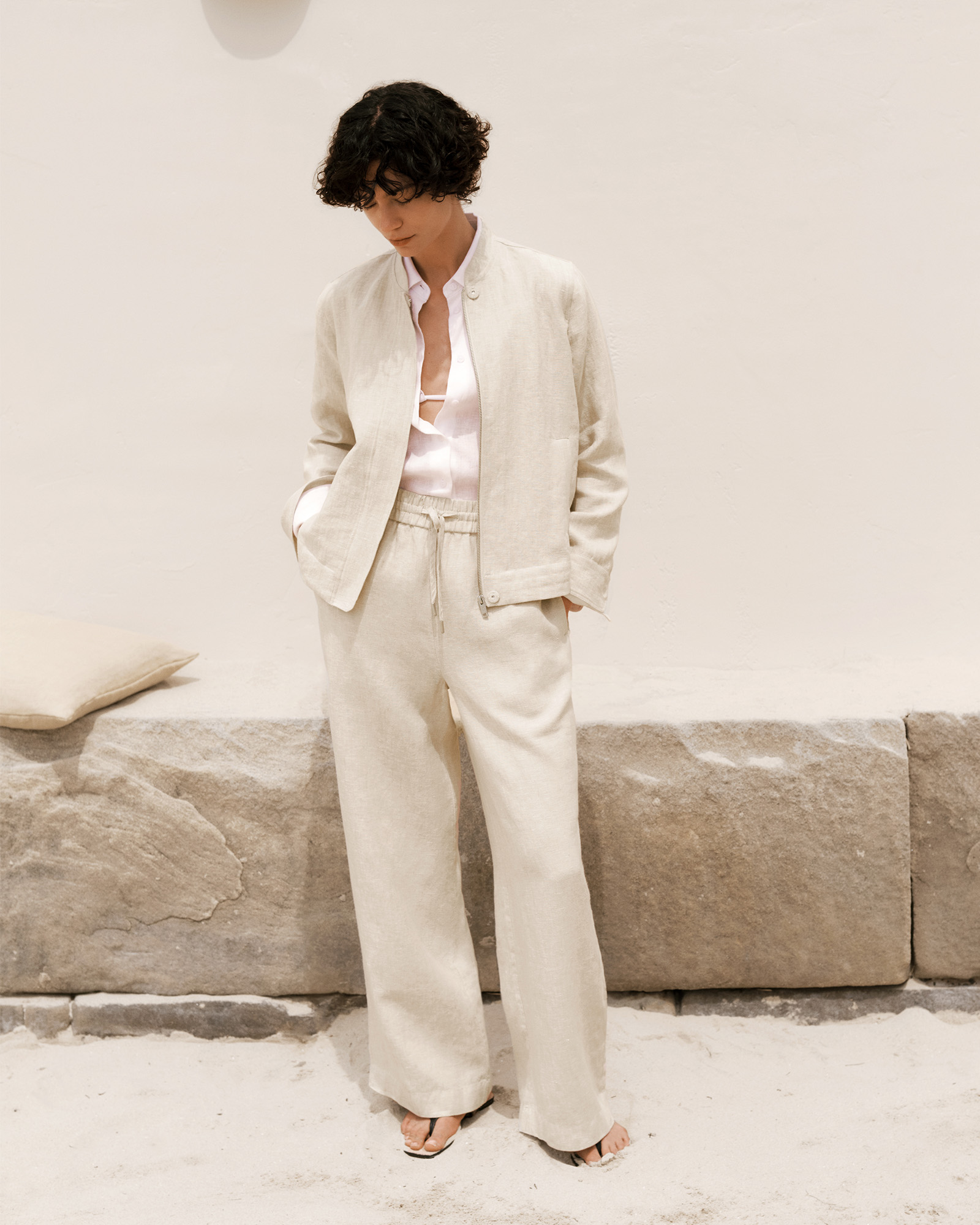 Yarn Dyed Linen Drawcord Wide Leg Pant in Flax