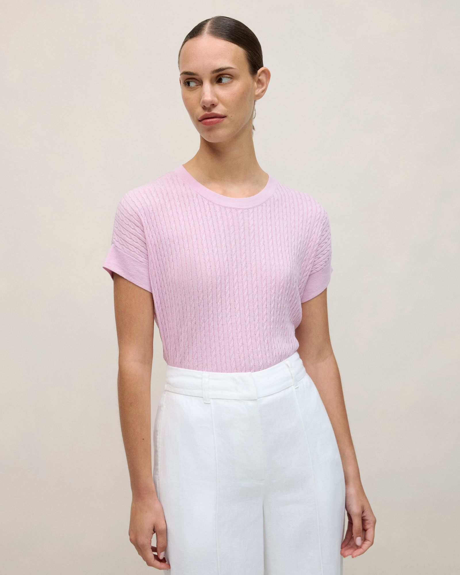 Linen Cotton Cable Knit T-shirt in Soft Lilac