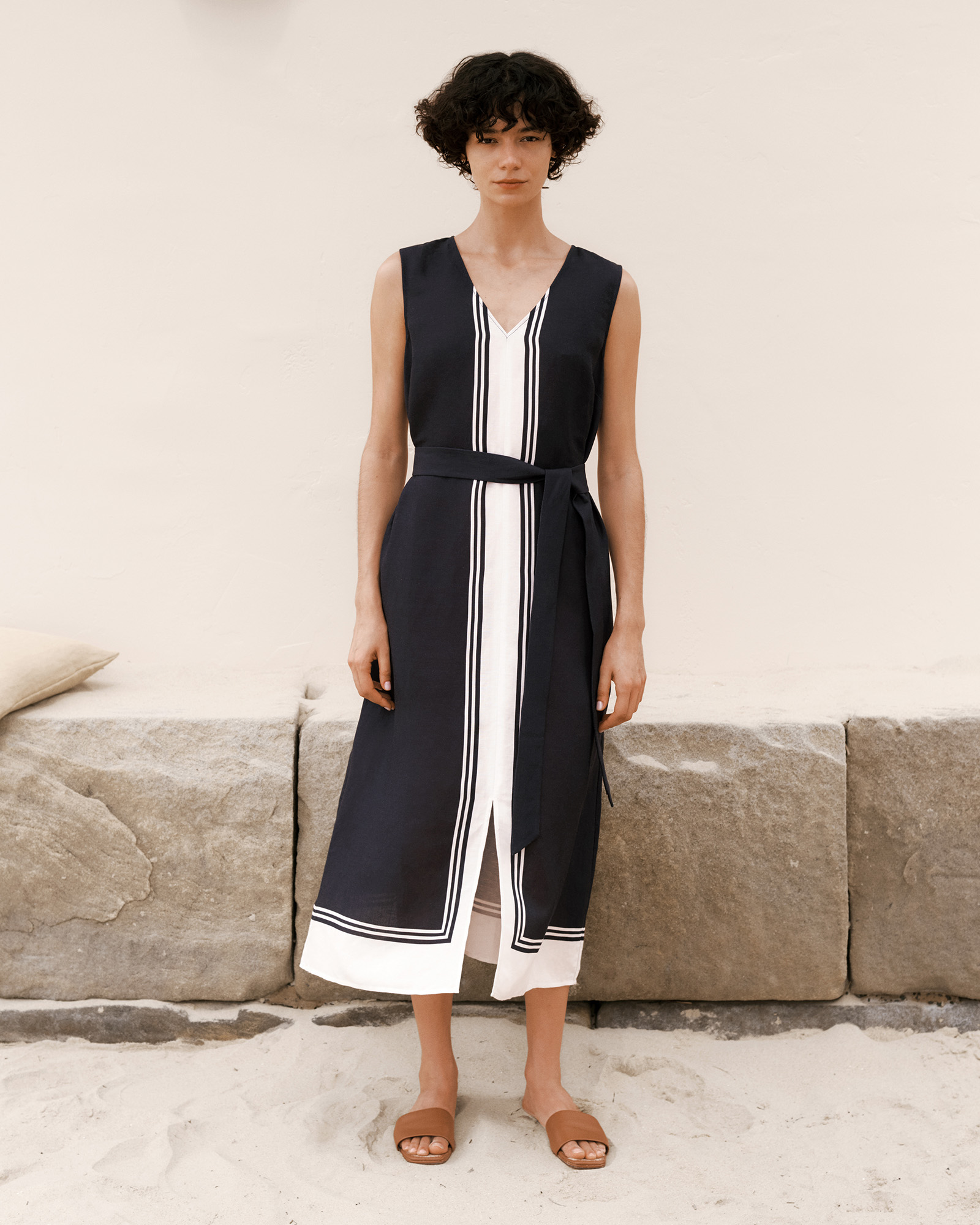 Linen Blend Border Print Dress in Night Sky