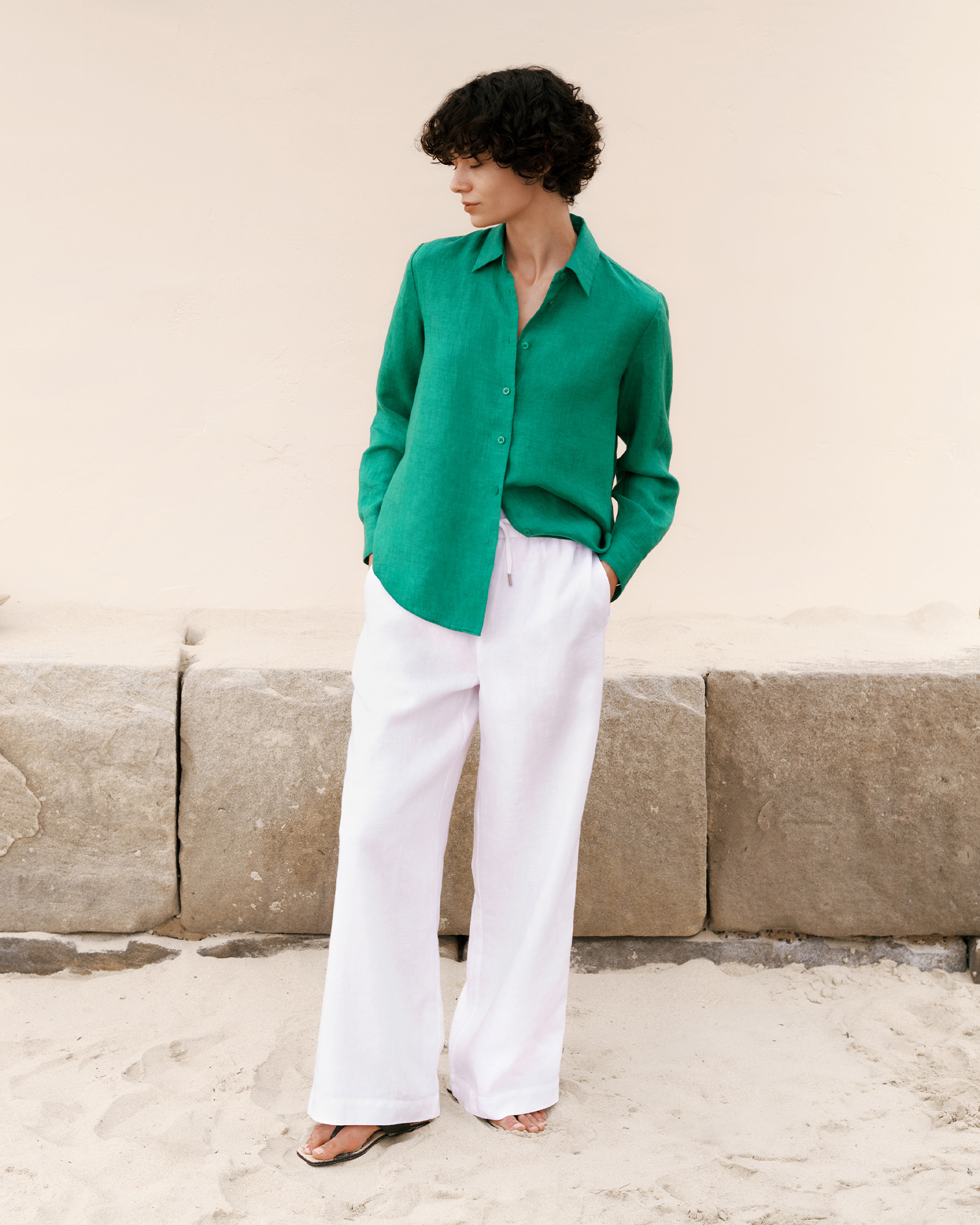 Linen Drawcord Wide Leg Pant in White