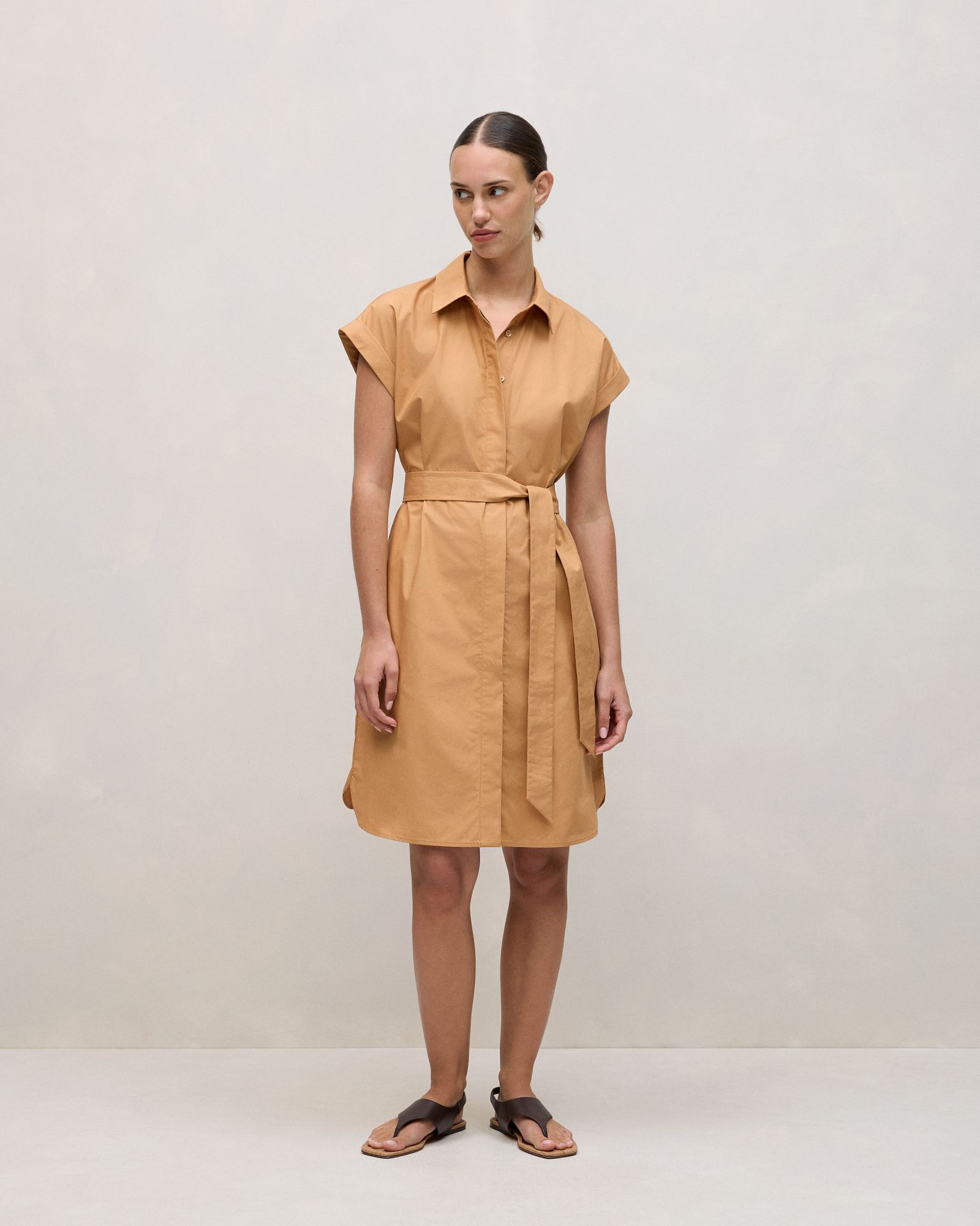 Cotton Poplin Cap Sleeve Shirt Dress in Sahara Tan