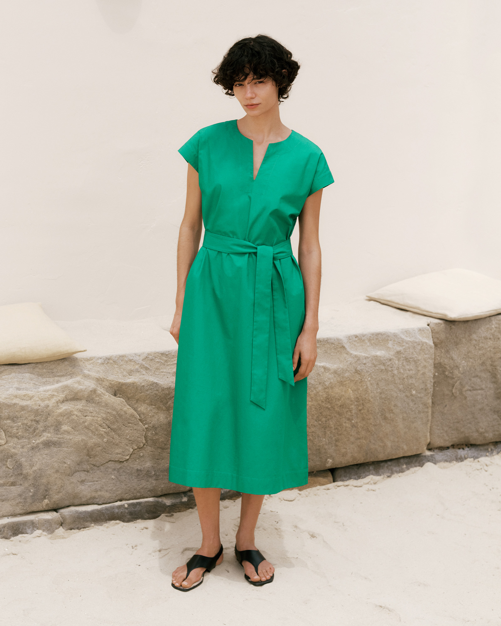Cotton Poplin Cap Sleeve Belted Dress in True Green