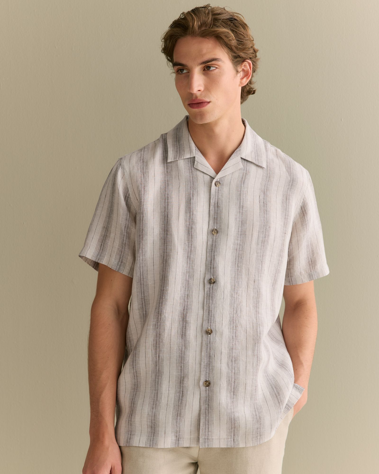 Regular Fit Linen Tonal Stripe Short Sleeve Shirt in Flax