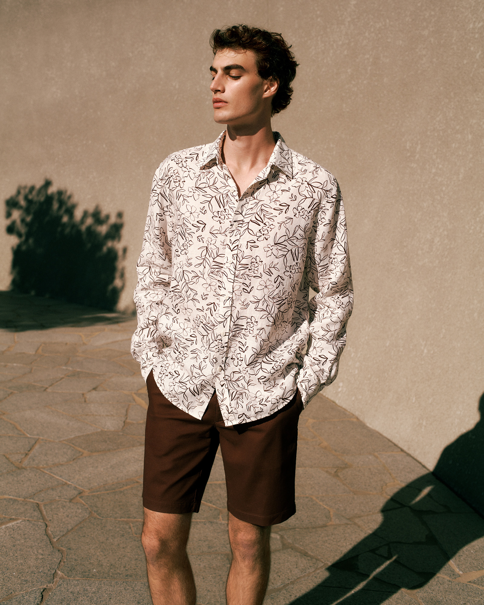 Regular Fit Floral Linen Long Sleeve Shirt in White