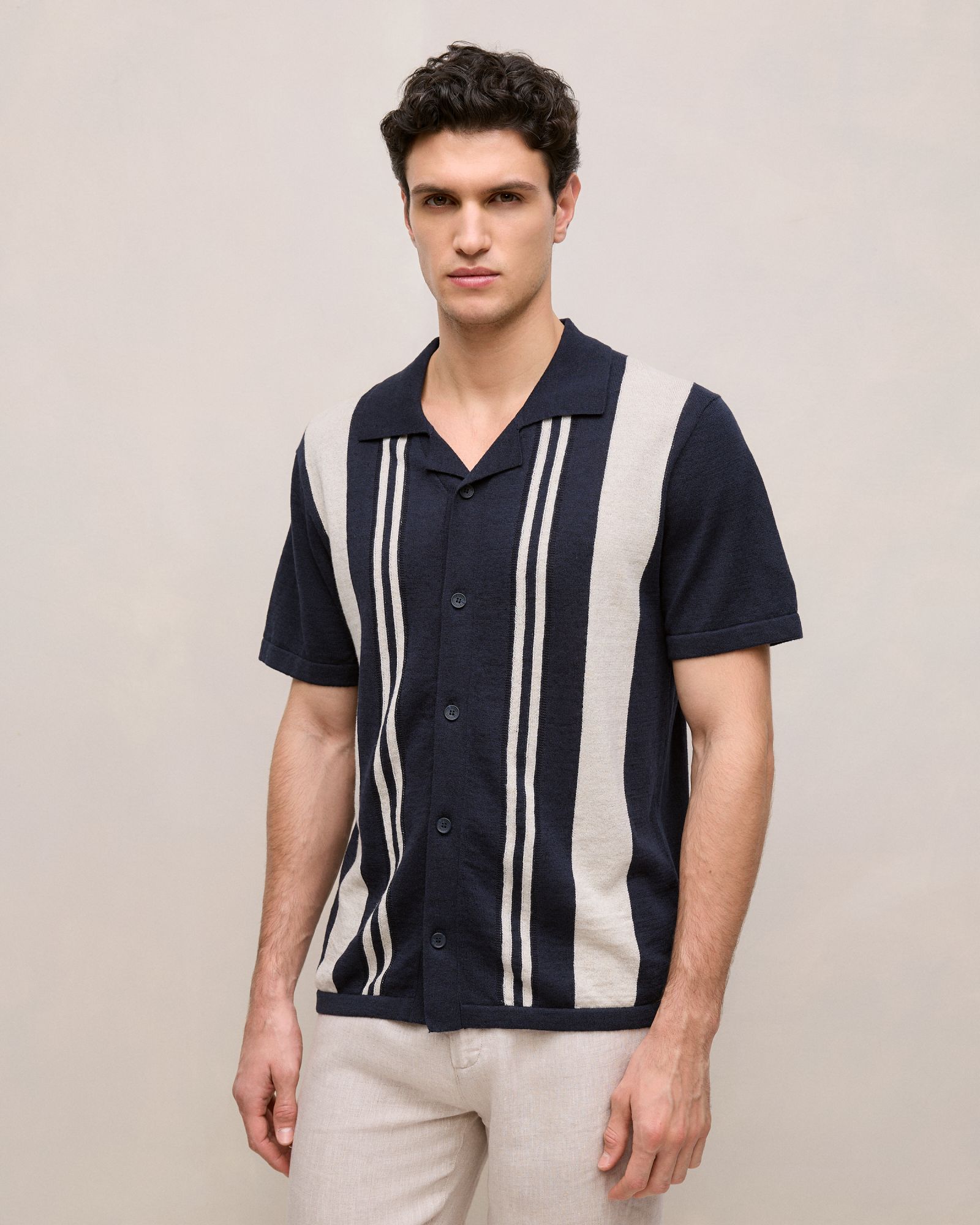 Linen Cotton Stripe Intarsia Knit Shirt in Navy