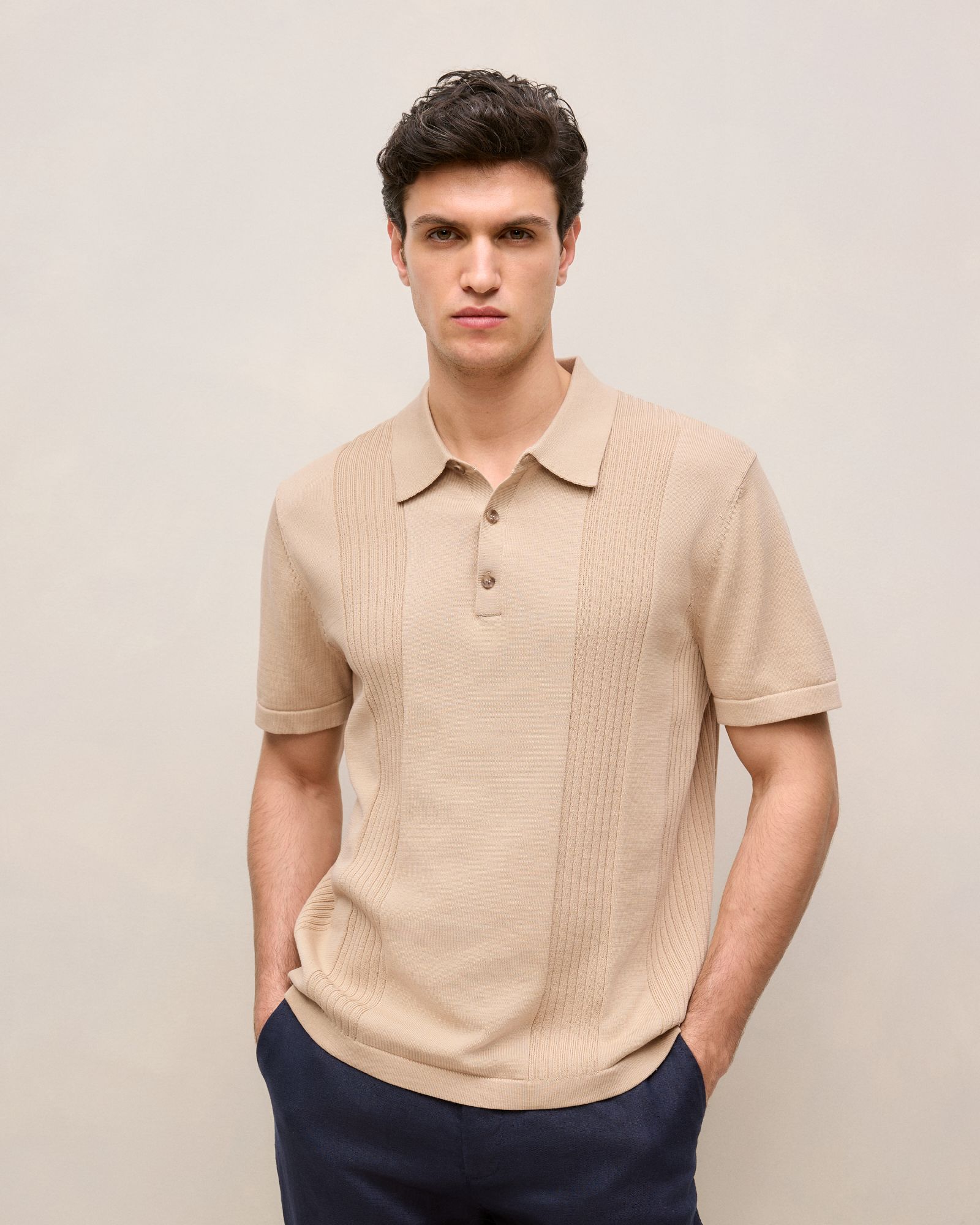 Mercerised Cotton Rib Detail Knit Polo in Sand