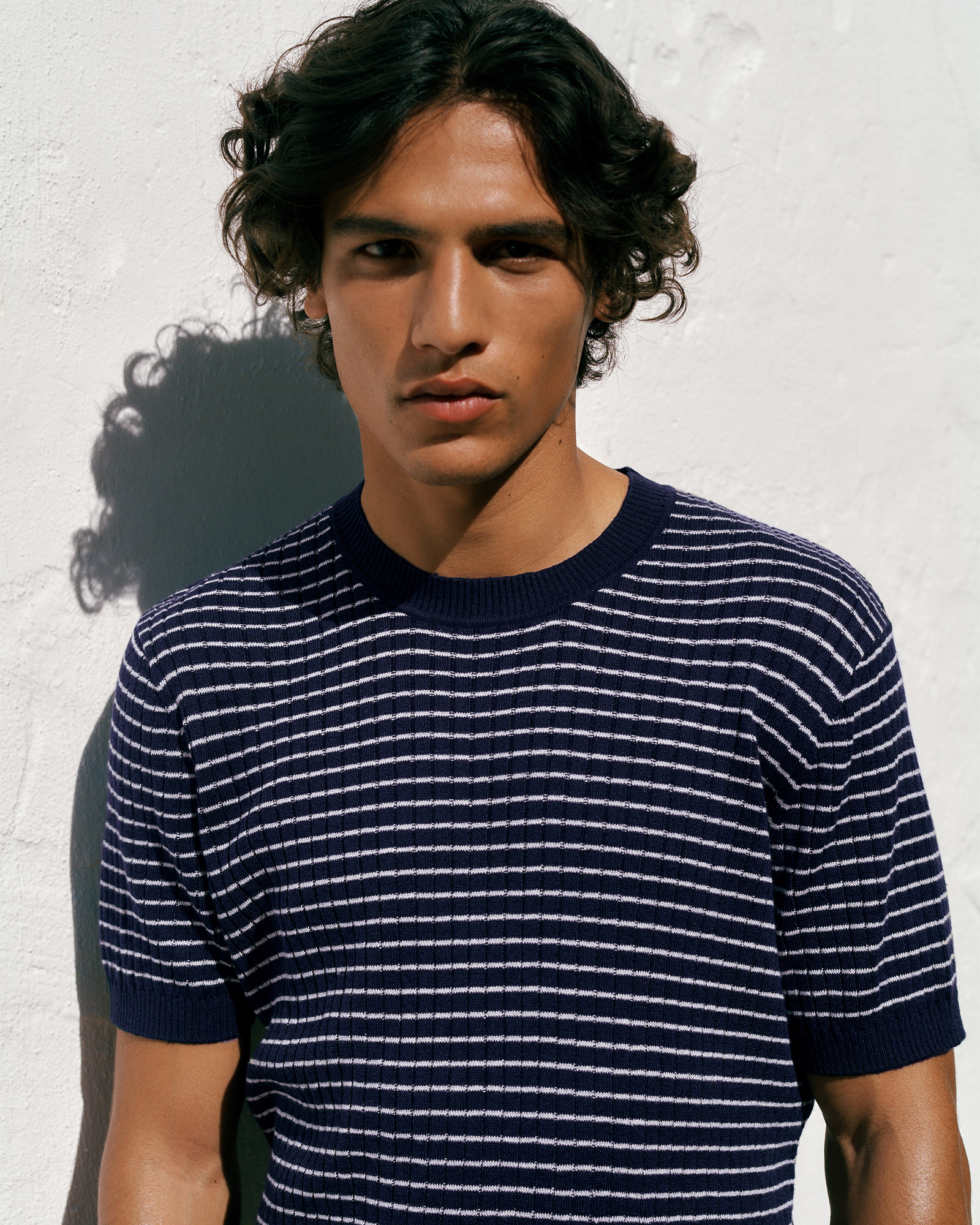 Linen Cotton Rib Stripe Knit T-shirt in Navy