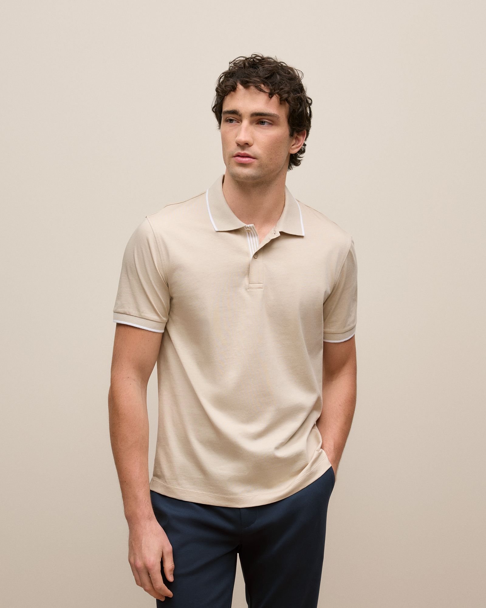 Mercerised Cotton Tipped Polo in Fawn
