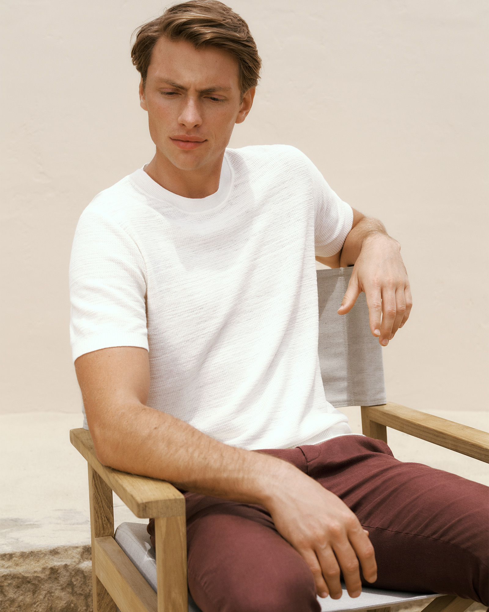 Cotton Linen Racking Stitch T-shirt in Parchment